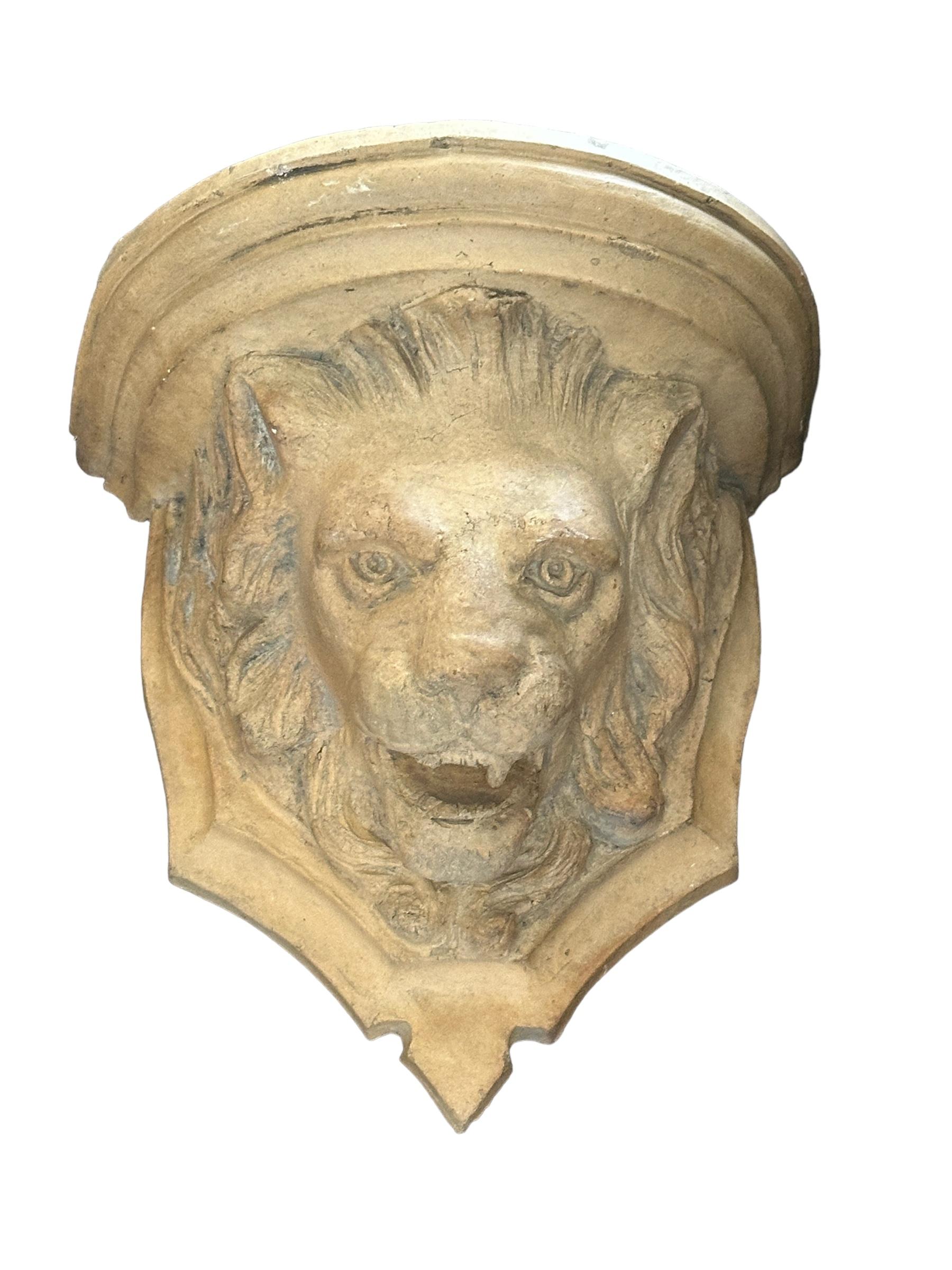 Italian Pair Antique Terracotta Lion Head Wall Consoles Shelves Italy 1910s For Sale