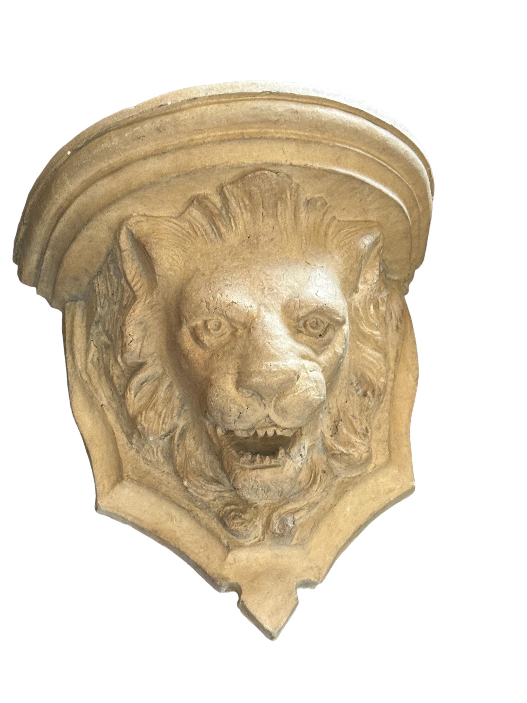 20th Century Pair Antique Terracotta Lion Head Wall Consoles Shelves Italy 1910s For Sale
