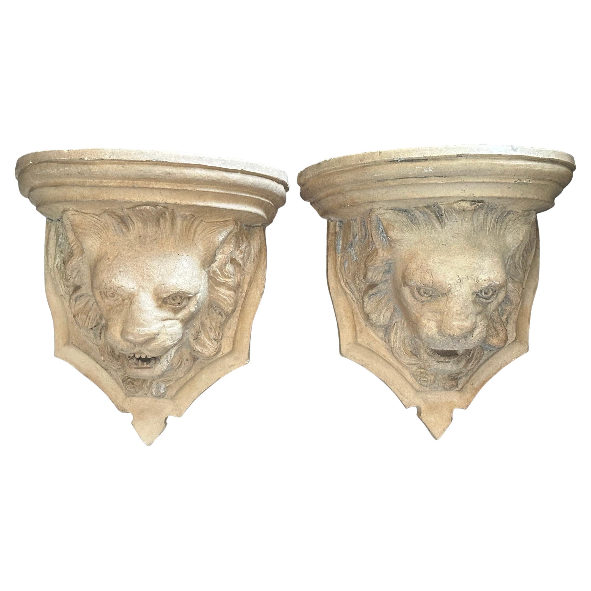 Pair Antique Terracotta Lion Head Wall Consoles Shelves Italy 1910s For Sale