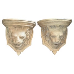 Pair Used Terracotta Lion Head Wall Consoles Shelves Italy 1910s