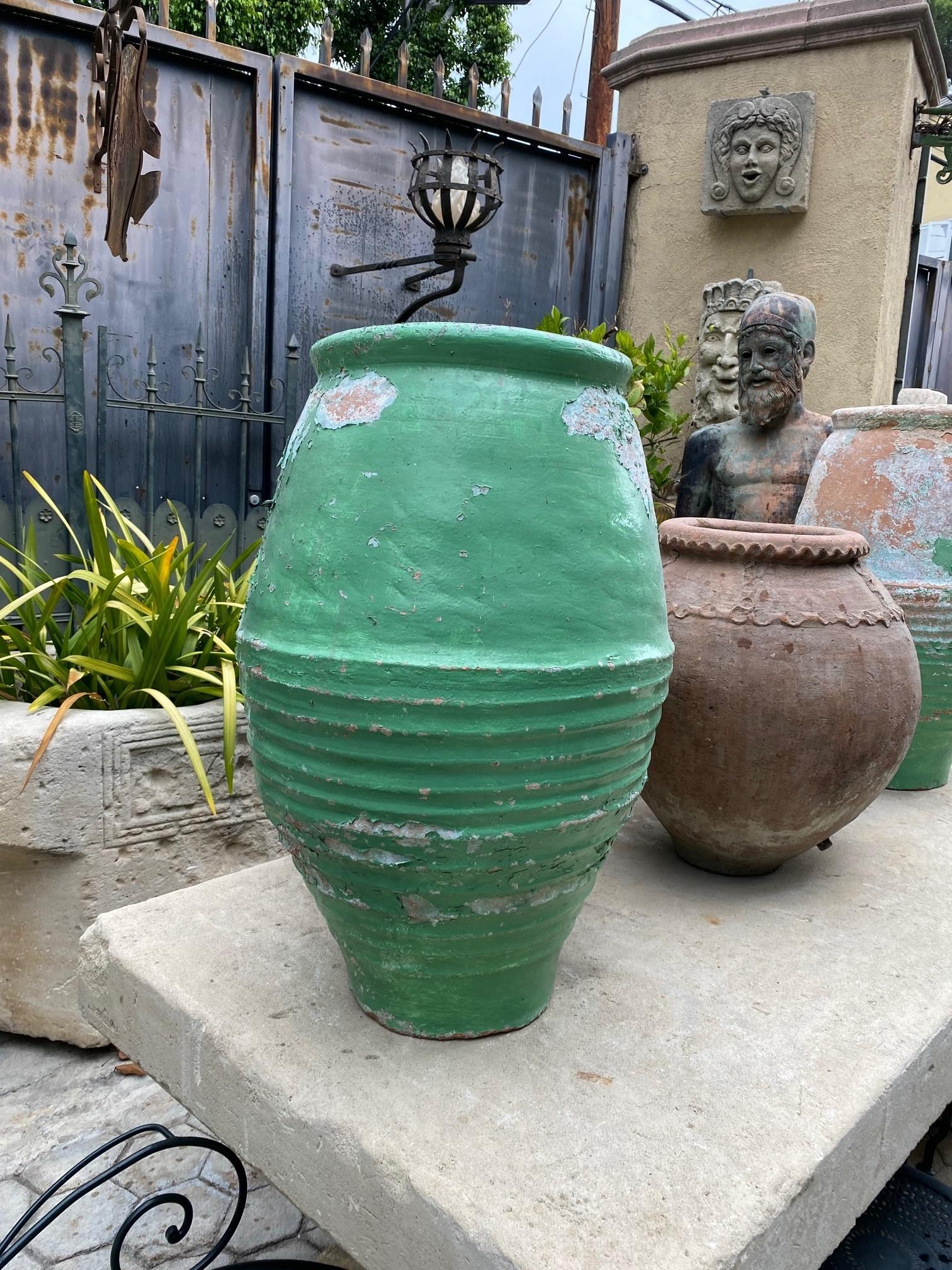 Hand-Crafted Pair Antique terracotta Rustic Farm Olive Oil Jar Garden Urn pot planter LA CA