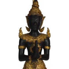 Pair Antique Thai Lacquered & Gilt Figural Bronze Teppanom Guardian Angel Lamps