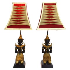 Pair Antique Thai Lacquered & Gilt Figural Bronze Teppanom Guardian Angel Lamps