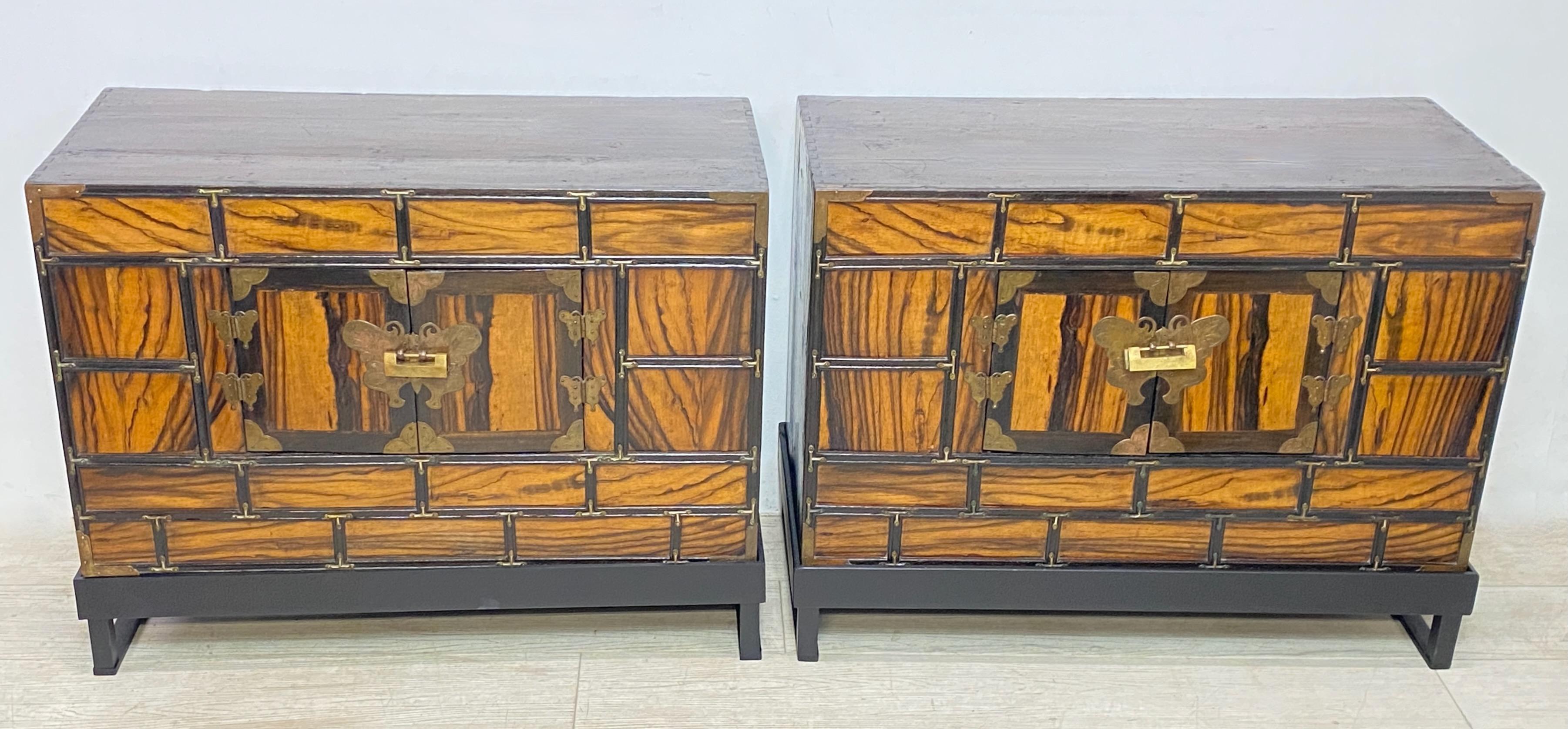 Mid-Century Modern Pair Antique Thai Persimmon Wood and Pine Bed Side Tables / Pillow Cabinets
