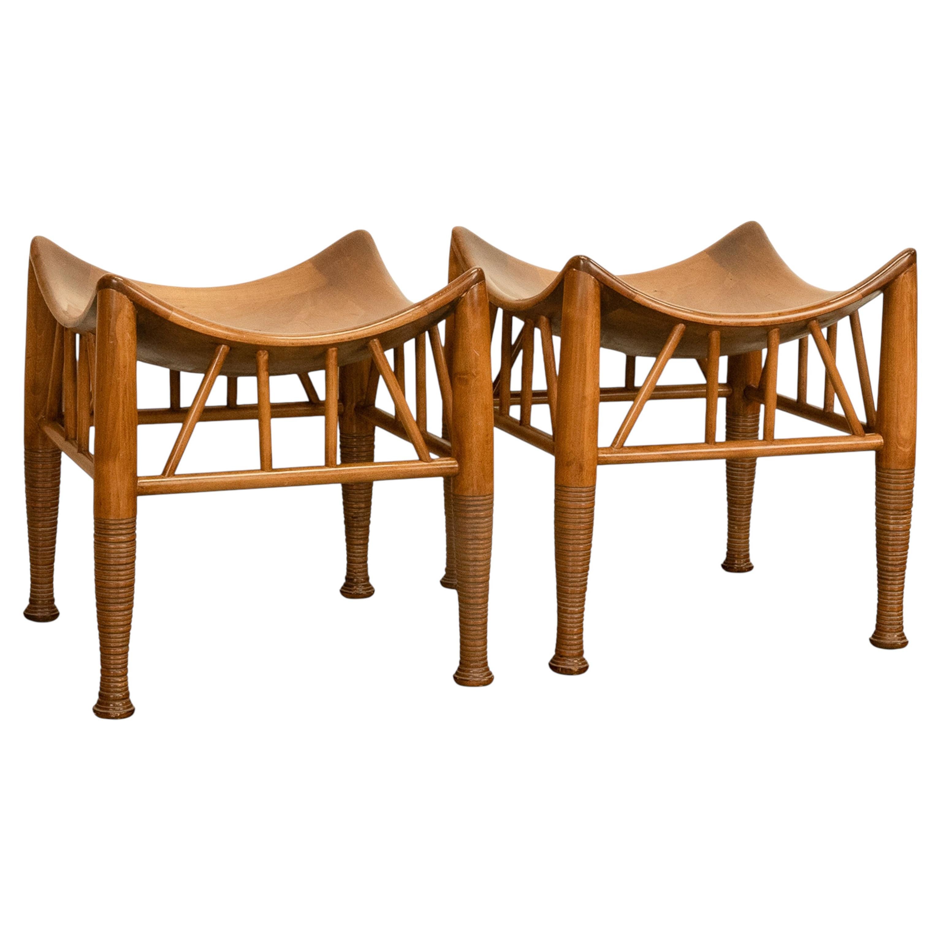 Pair Antique Thebes Egyptian Revival Arts & Crafts Stools Liberty & Co 1900 For Sale