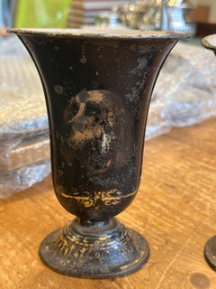 Pair Antique Toleware Vases with Dog Portraits Hand-Painted