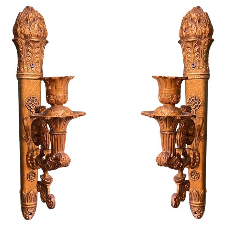 Pair Antique Torch Form Single Light French Empire Style Sconces