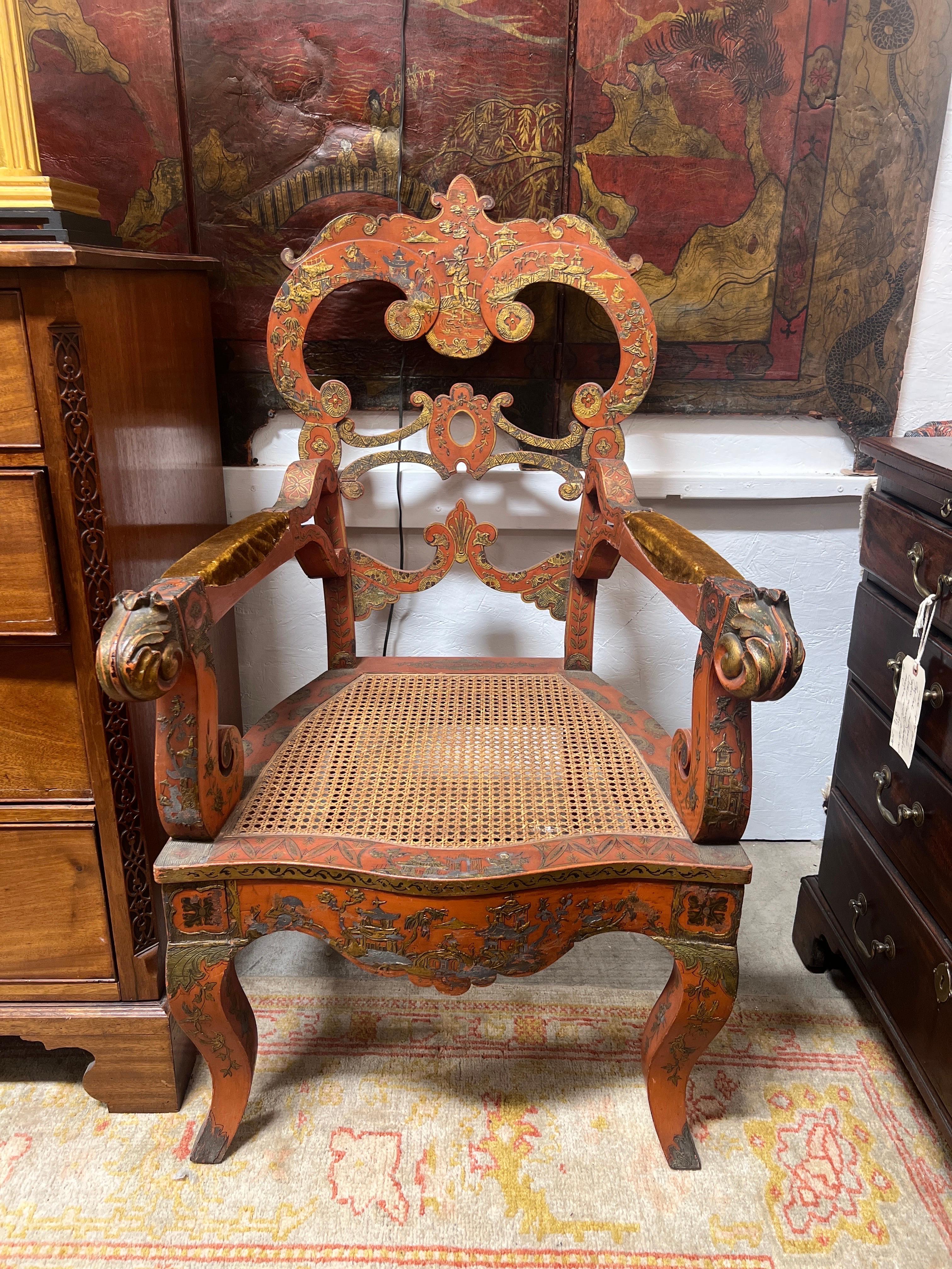 Georgian Pair, Antique Venetian Chinoiserie Lacquer Decorated Caned Armchairs  For Sale