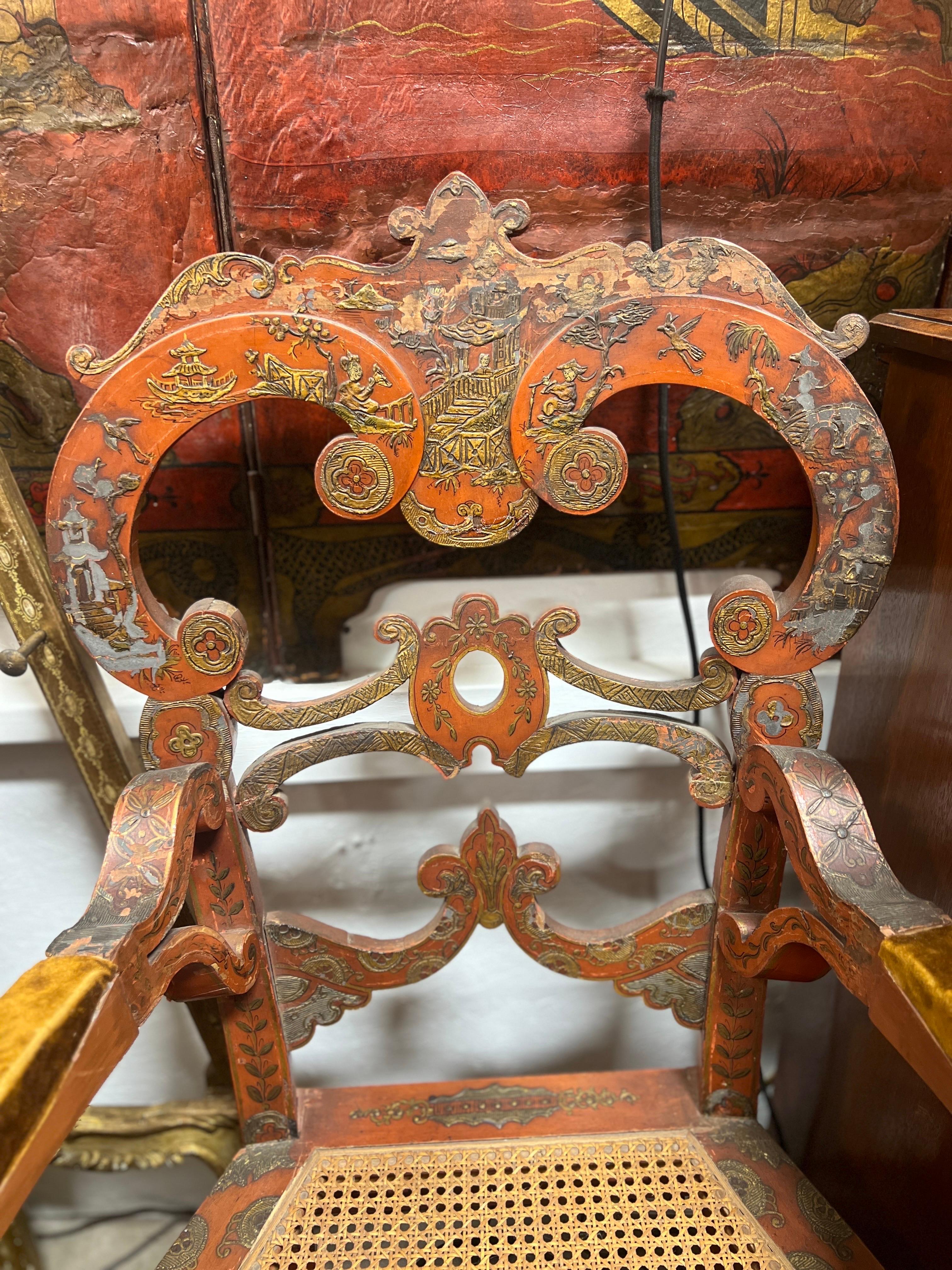 20th Century Pair, Antique Venetian Chinoiserie Lacquer Decorated Caned Armchairs  For Sale