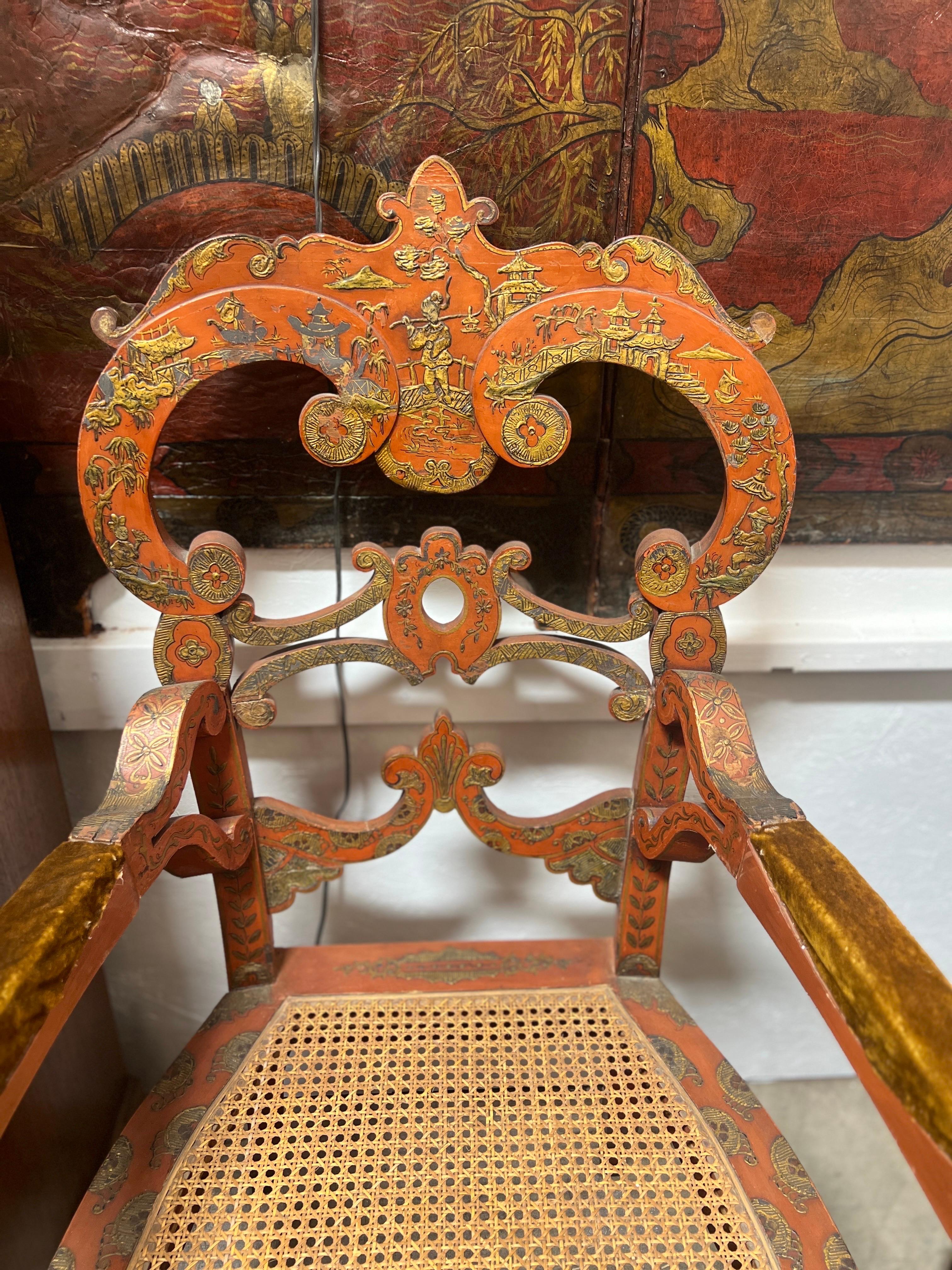 Paar antike venezianische Chinoiserie-Lack-Sessel mit Schilfrohrdekor und Schilfrohrverzierung  im Angebot 1