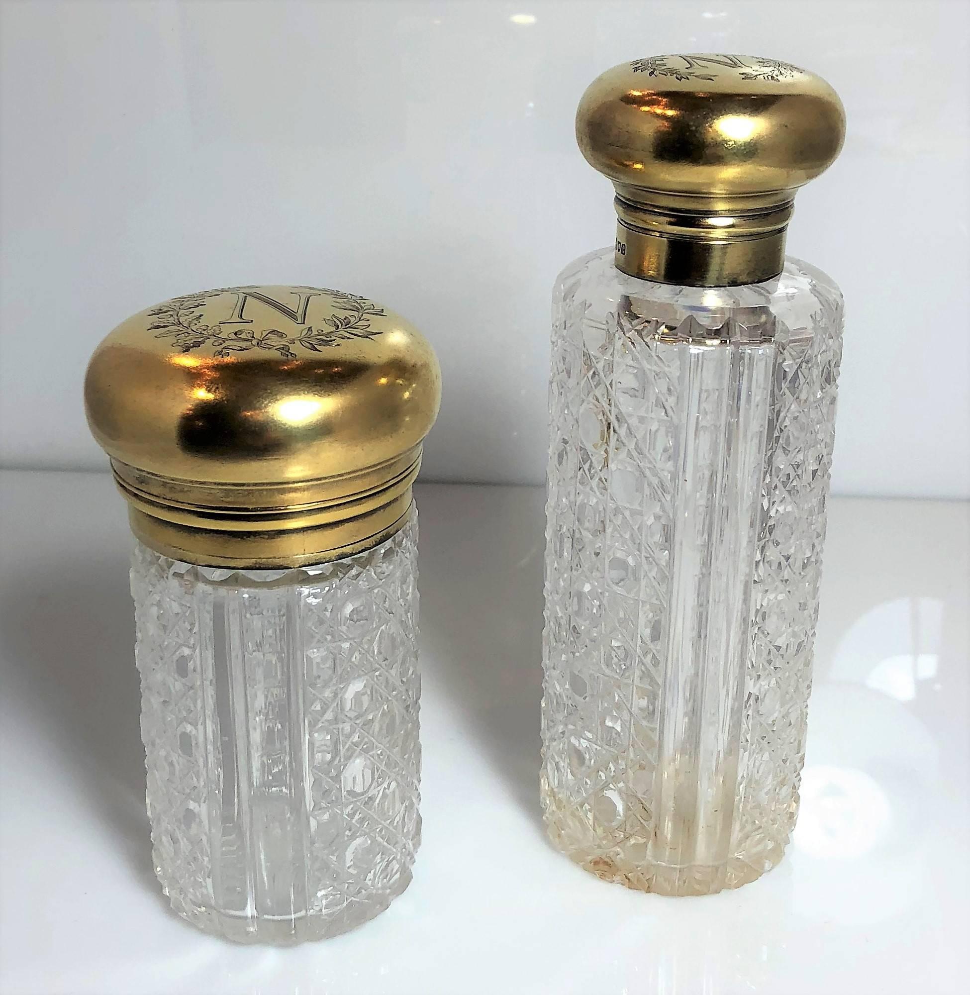 Pair Antique Vermeil Gilt Silver Perfume Bottles with Napoleonic Crest, Circa 1880.