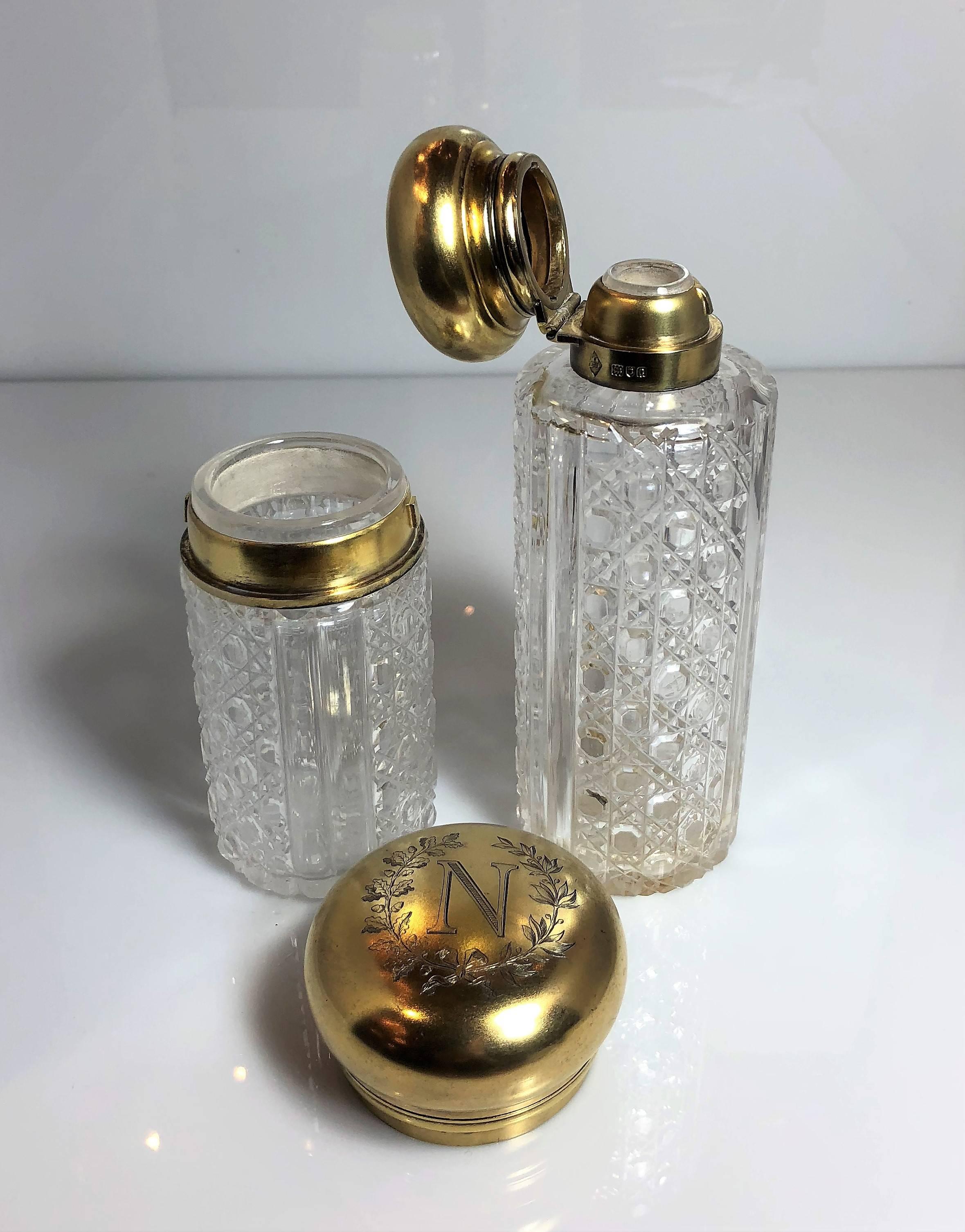 French Pair Antique Vermeil Gilt Silver Napoleonic Crest Perfume Bottles, circa 1880