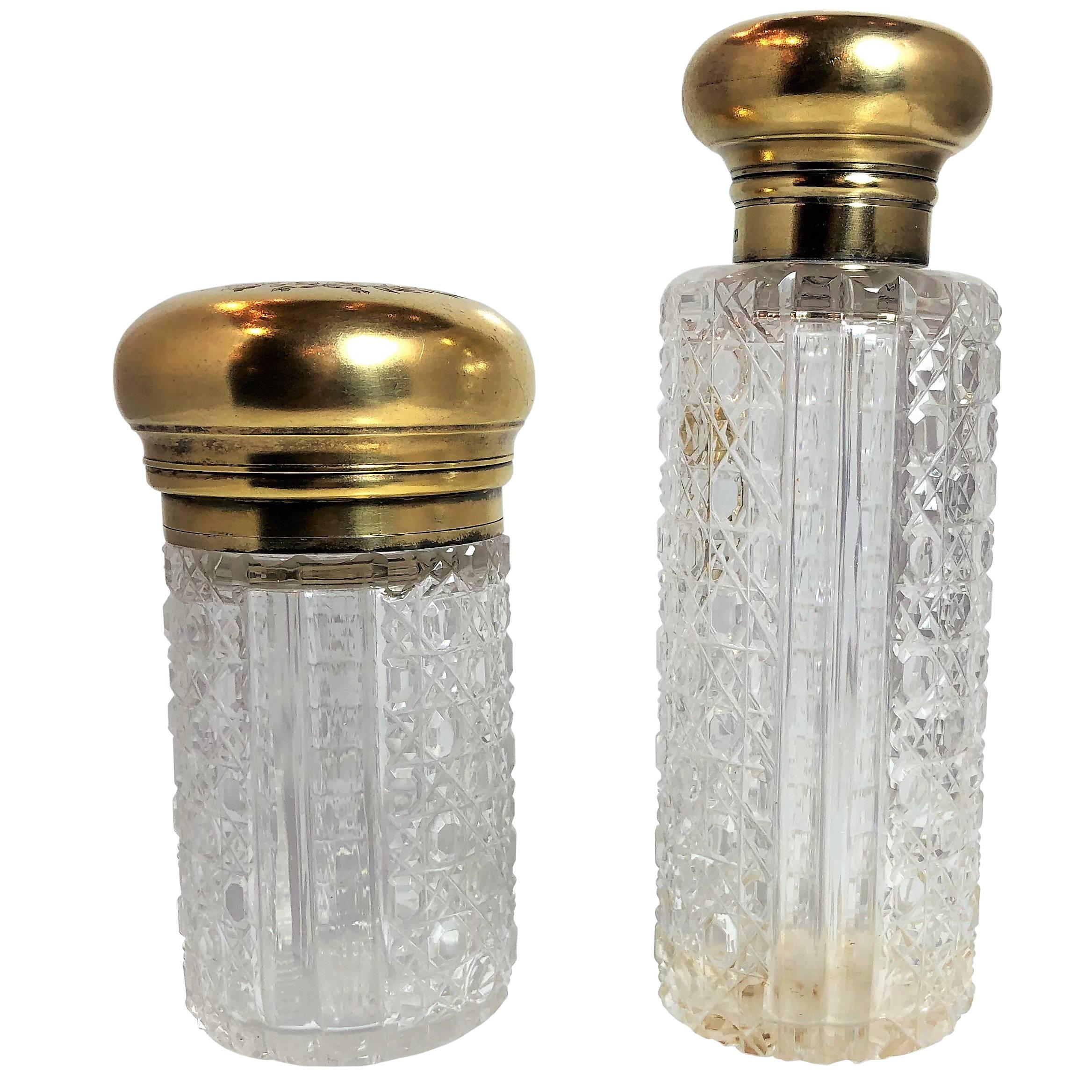 Pair Antique Vermeil Gilt Silver Napoleonic Crest Perfume Bottles, circa 1880
