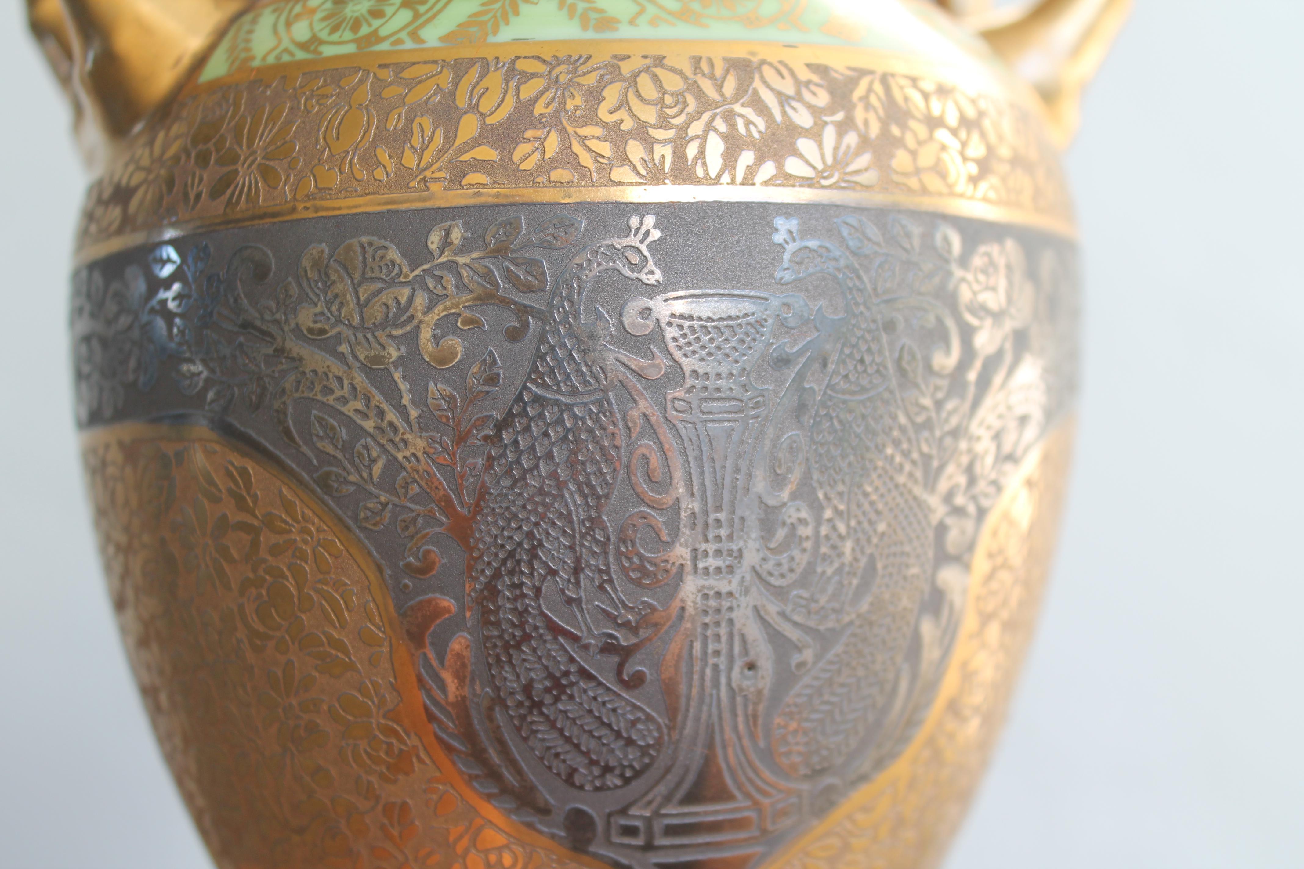 Paar antike viktorianische tschechische 24K viktorianische Tschechische Tischlampen mit Platinkrone Bronze Porzellan im Angebot 3
