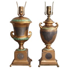 Pair Used Victoria Czech 24K w/ Platinum Crown Bronze Porcelain Table Lamps