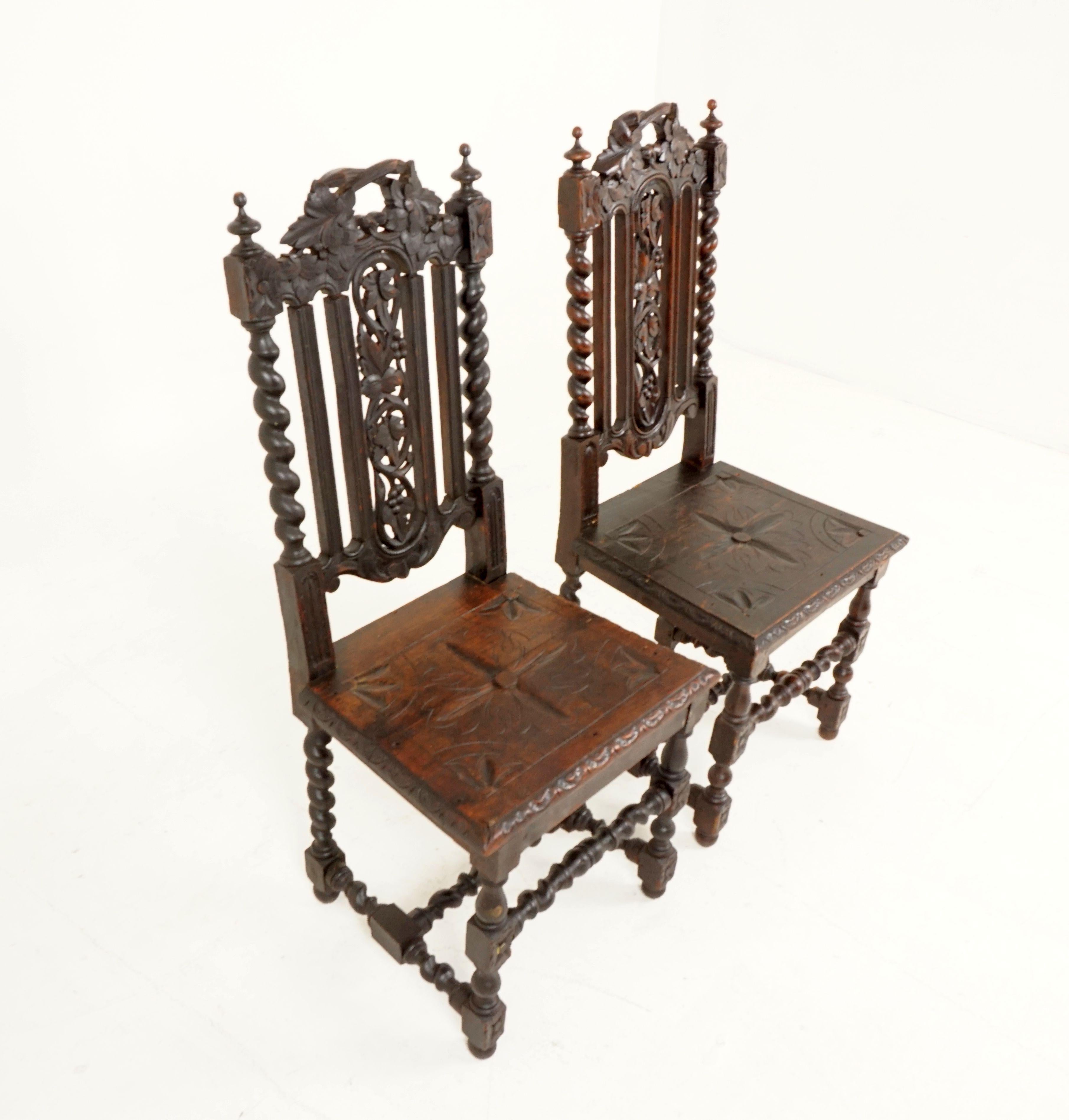 Pair of antique Victorian carved oak barley twist gothic revival chairs, Scotland 1880, B2484

Scotland, 1880
Solid oak
Original finish
Wonderful carved backs
With pierced central panels
Carved back rail of vine leaves and grapes
With barley