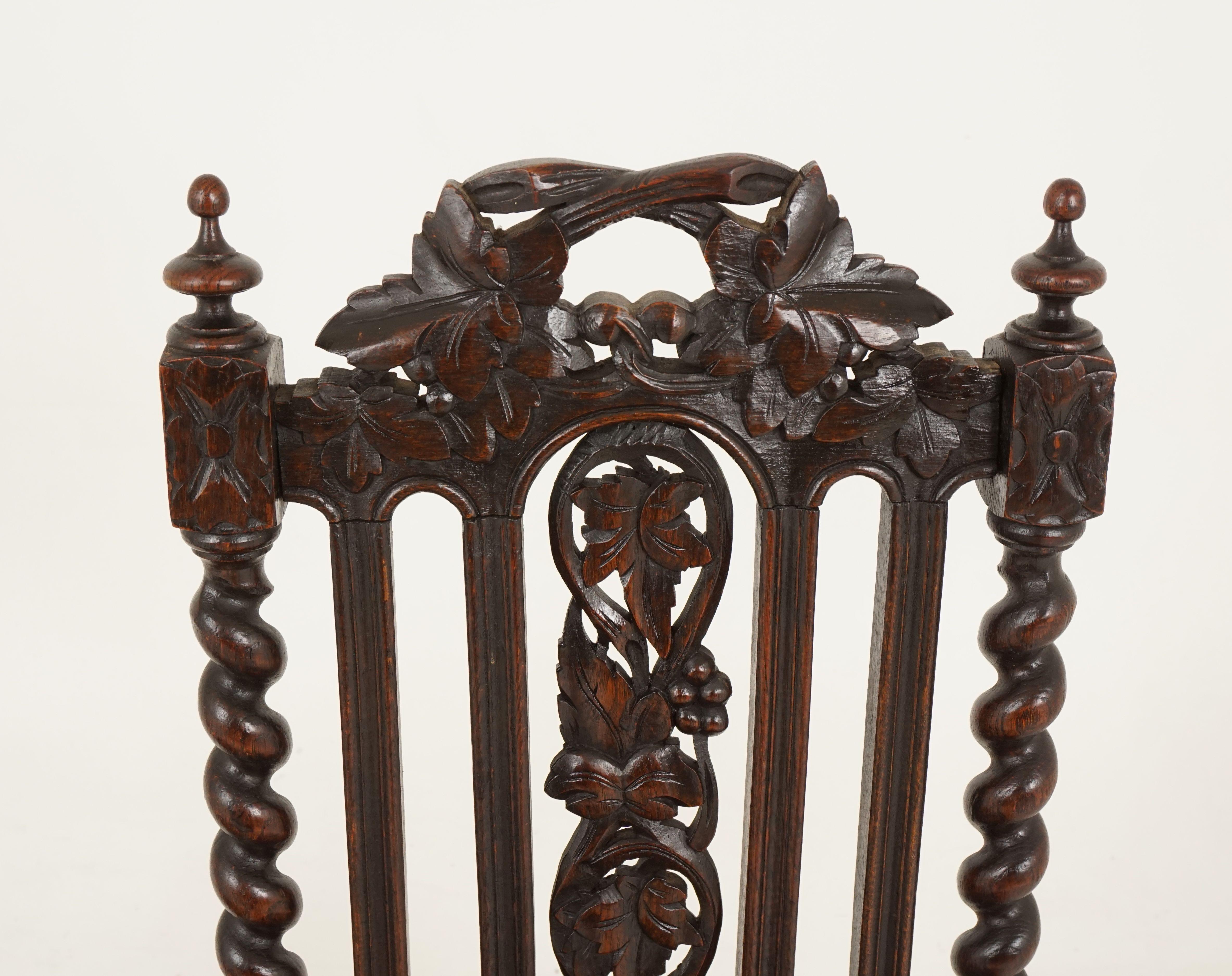 Scottish Pair of Antique Victorian Carved Oak Barley Twist Chairs, Scotland 1880, B2484