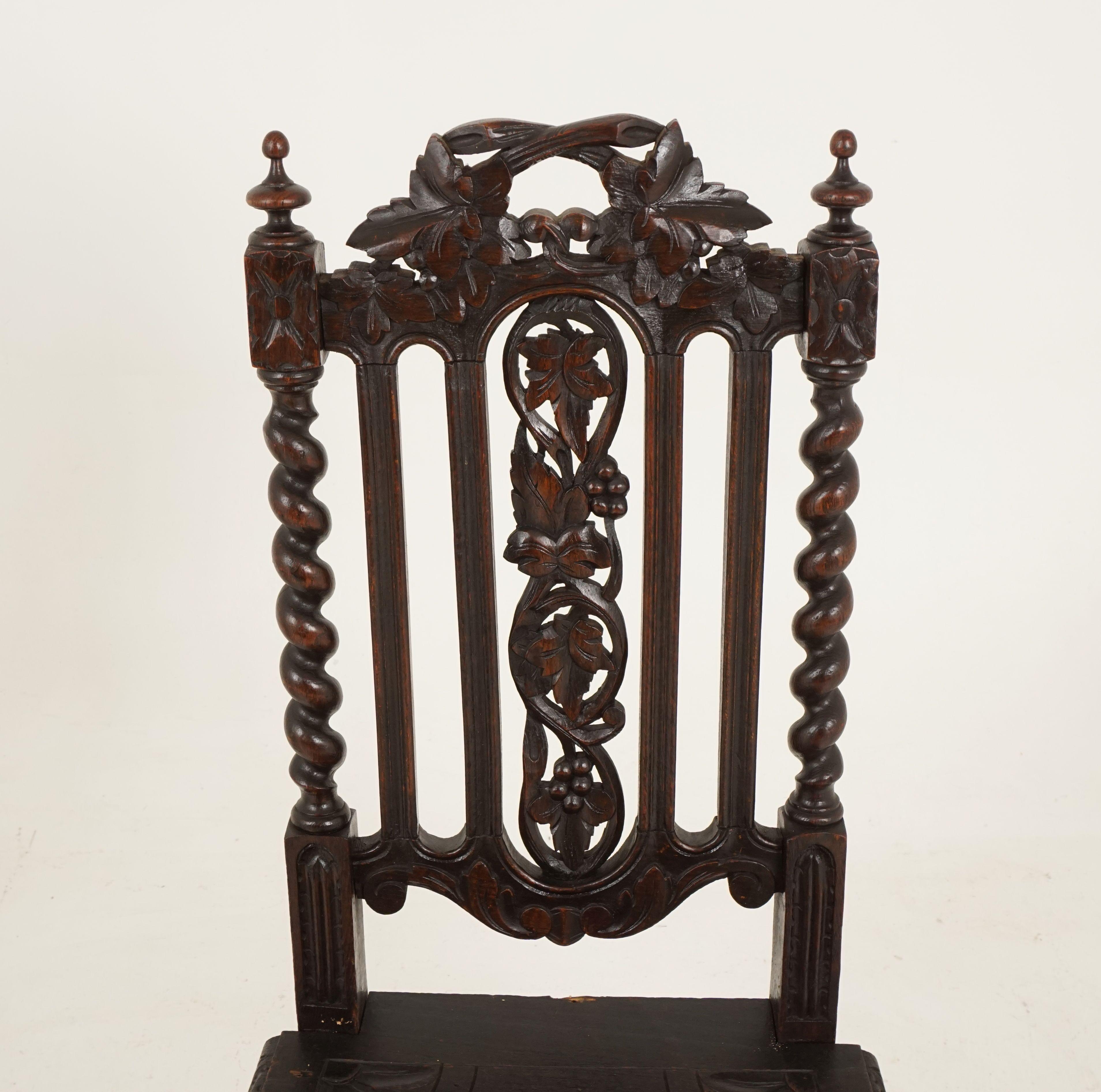 Hand-Crafted Pair of Antique Victorian Carved Oak Barley Twist Chairs, Scotland 1880, B2484