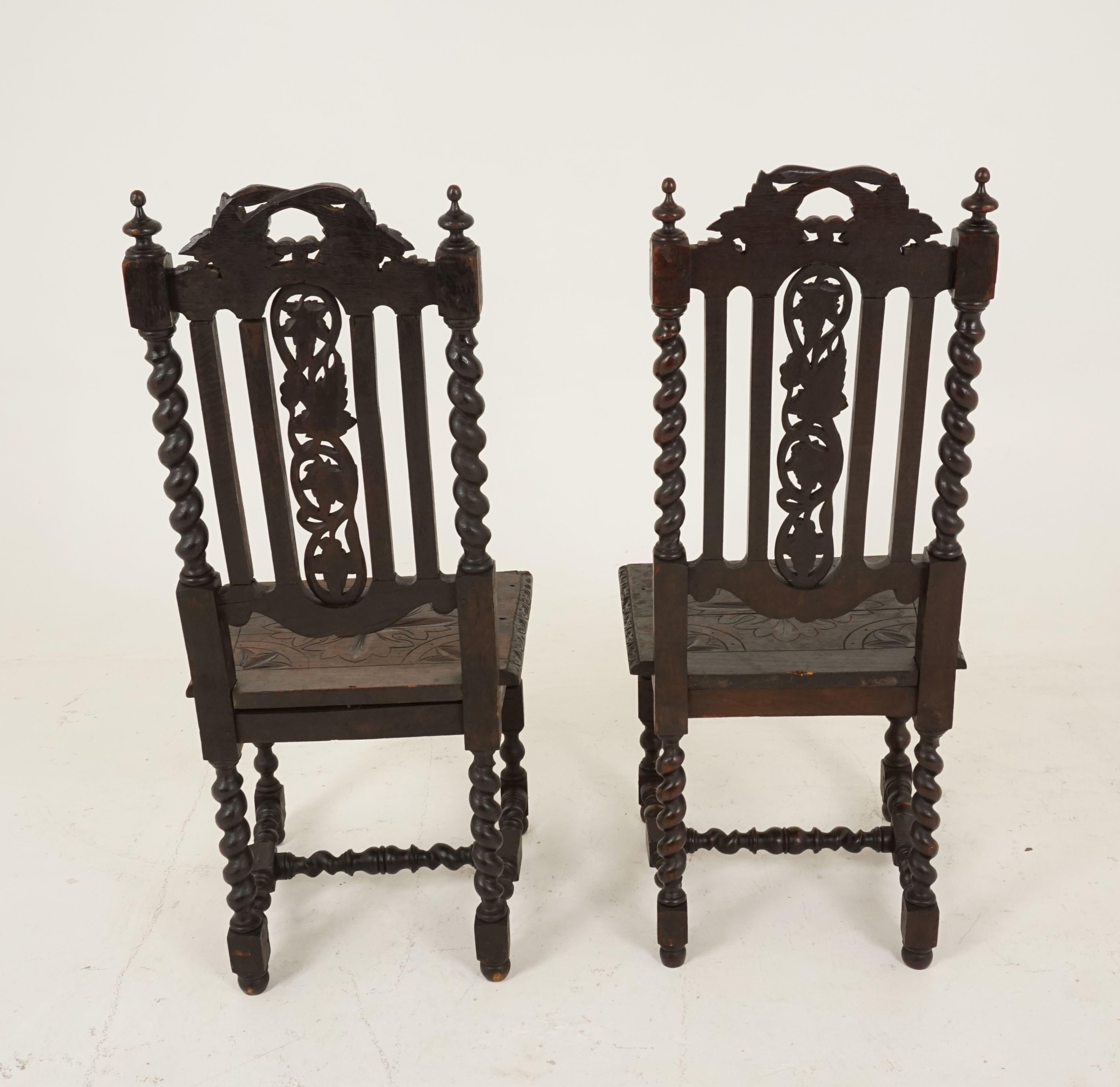 Pair of Antique Victorian Carved Oak Barley Twist Chairs, Scotland 1880, B2484 2
