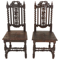 Pair of Antique Victorian Carved Oak Barley Twist Chairs, Scotland 1880, B2484