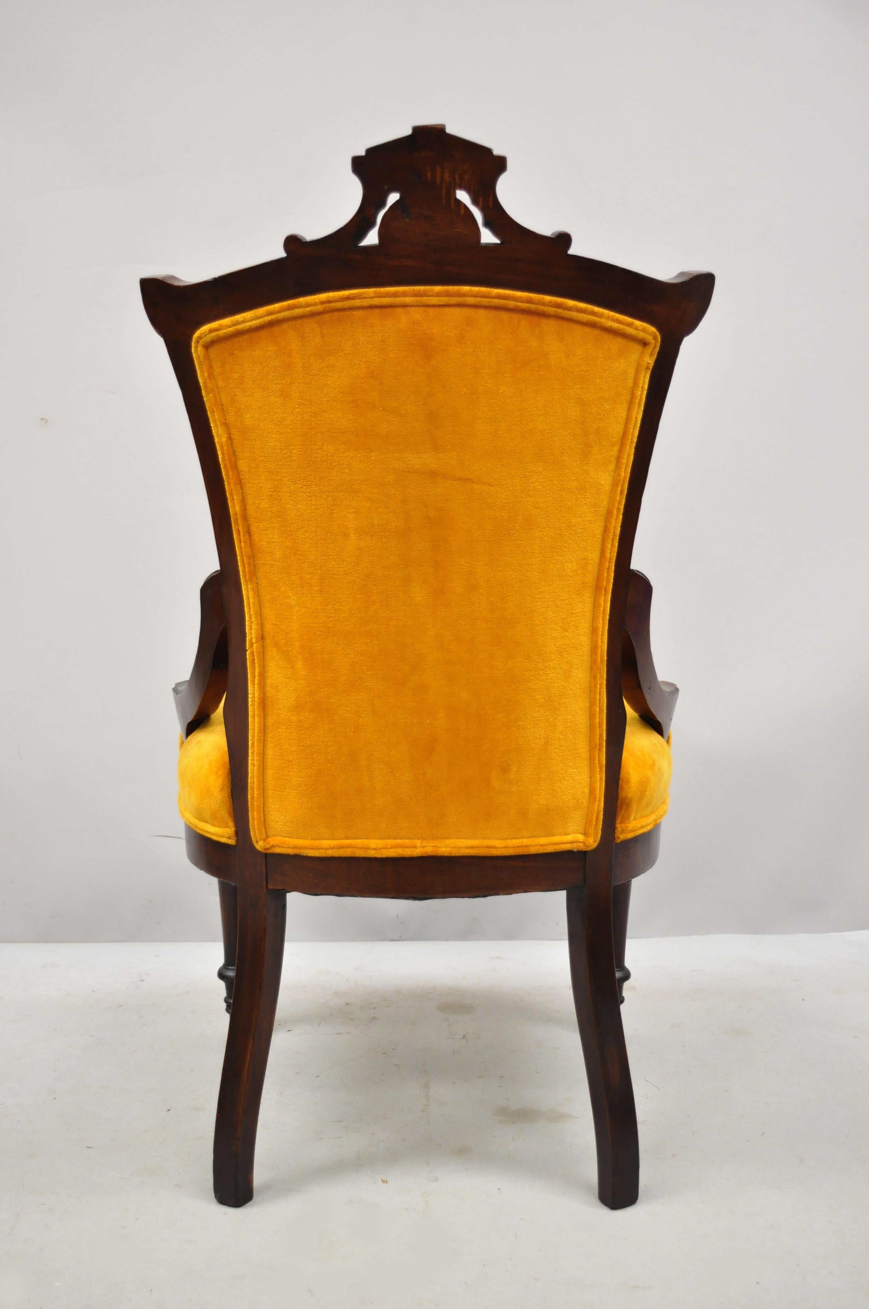 Antique Victorian Eastlake Carved Walnut Orange Tufted Parlor Side Chairs, Pair 1