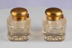 Pareja Tintero Antiguo Victoriano Edwardiano Cristal Tallado Claro Metal Dorado Oro