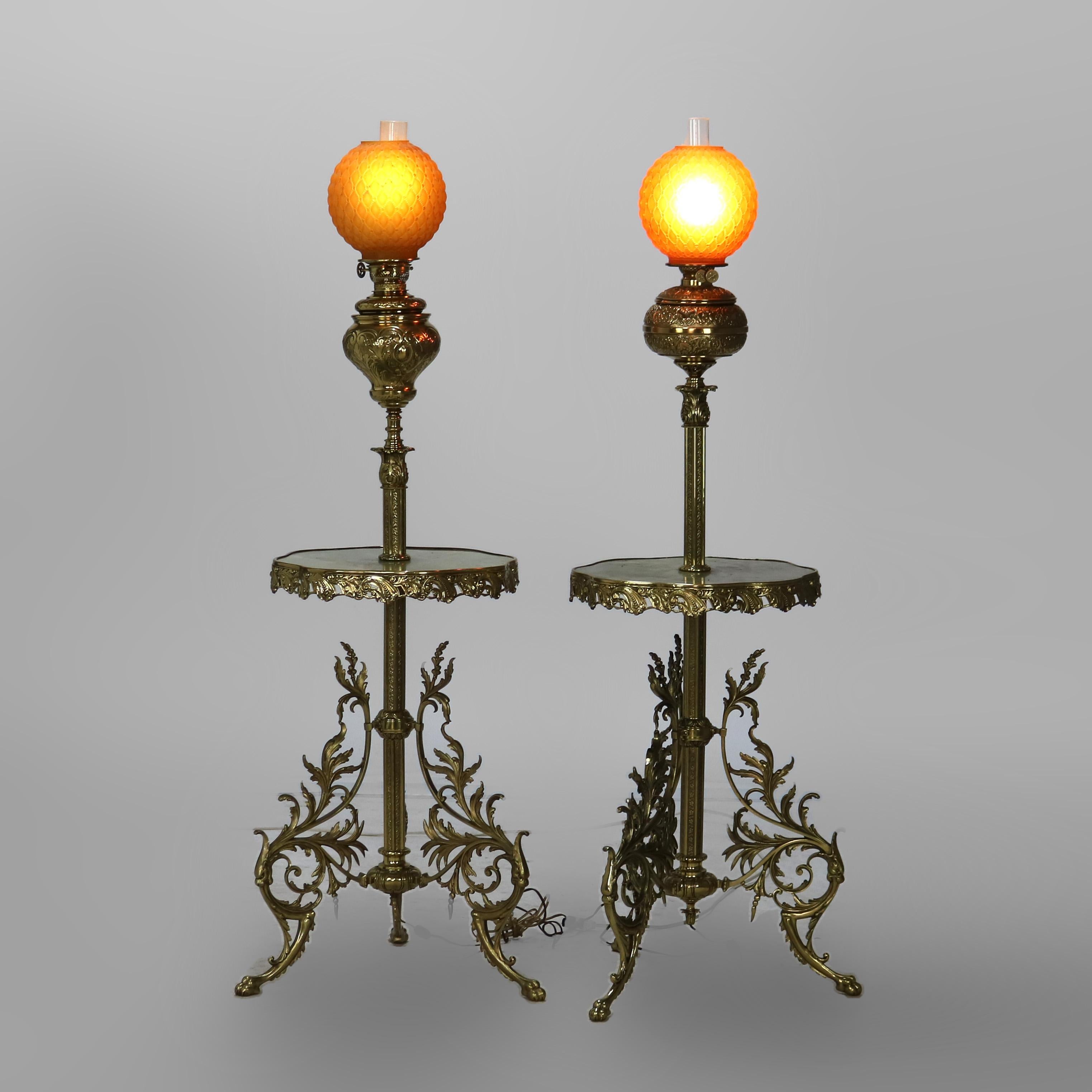 Pair Antique Victorian Gilt Bronze, Brass & Green Onyx Piano Floor Lamps, C1890 In Good Condition In Big Flats, NY