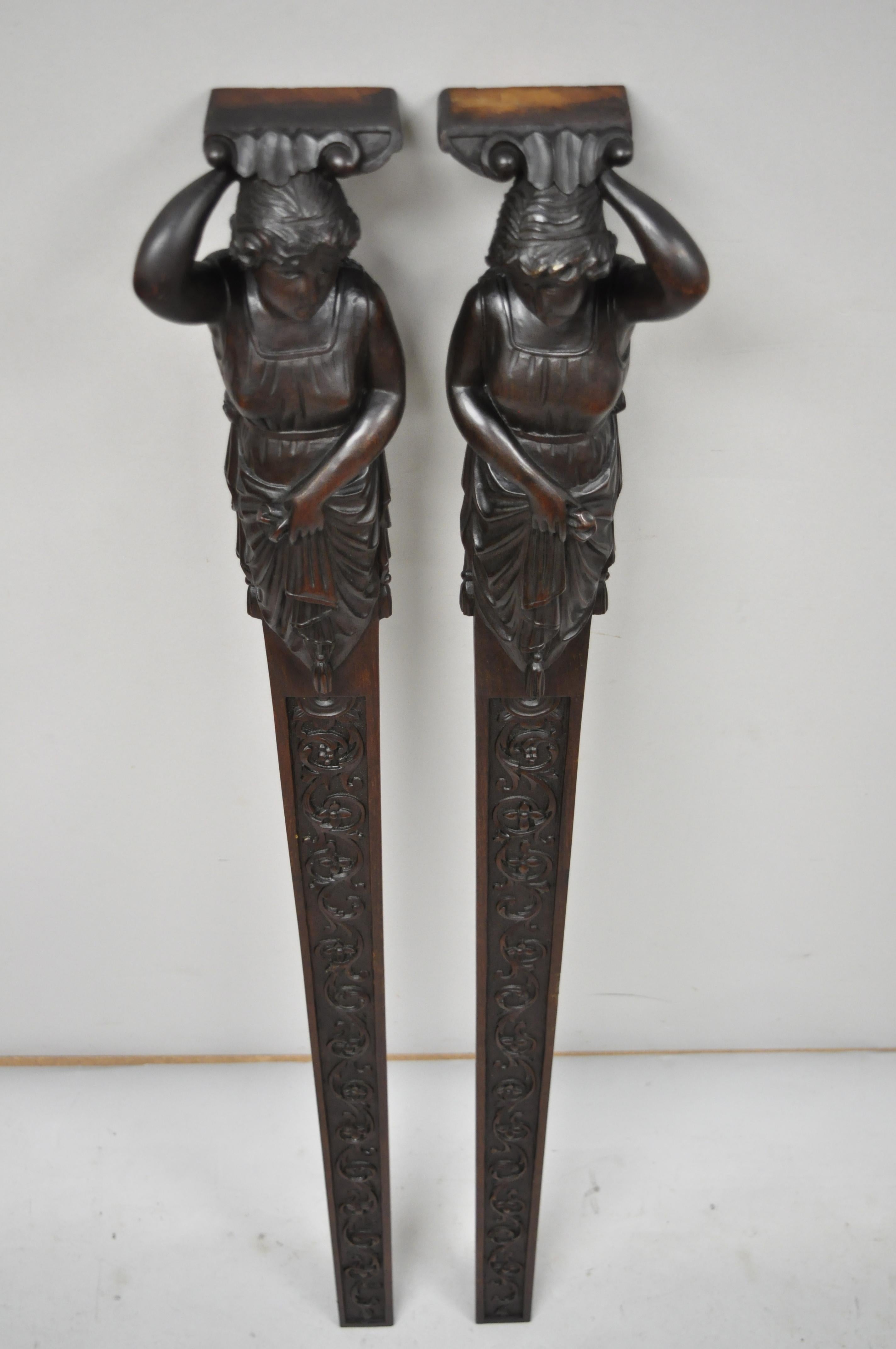 Pair of Victorian Hand Carved Mahogany Figural Maiden Architecture Elements 7