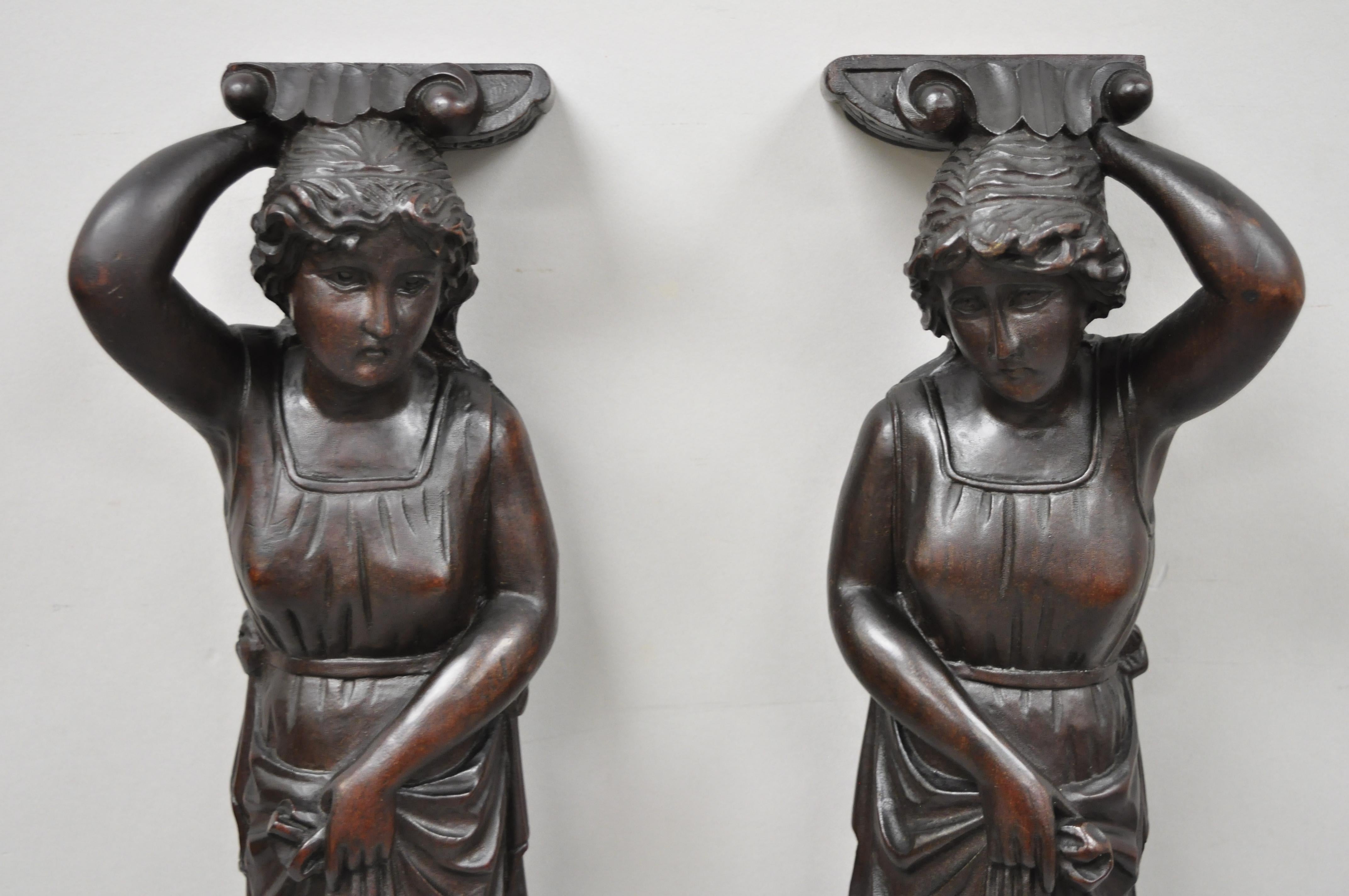 American Pair of Victorian Hand Carved Mahogany Figural Maiden Architecture Elements