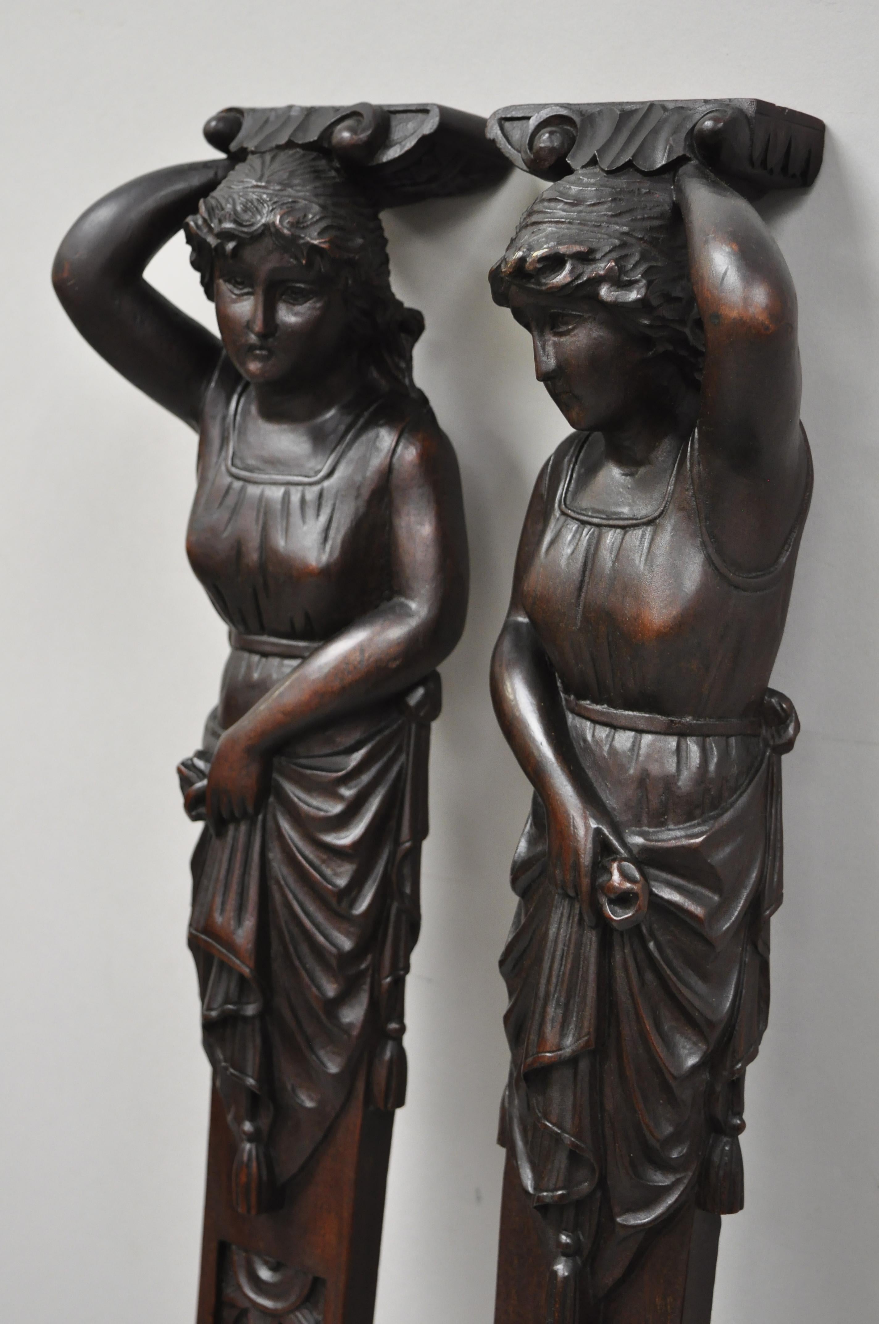 Pair of Victorian Hand Carved Mahogany Figural Maiden Architecture Elements In Good Condition In Philadelphia, PA