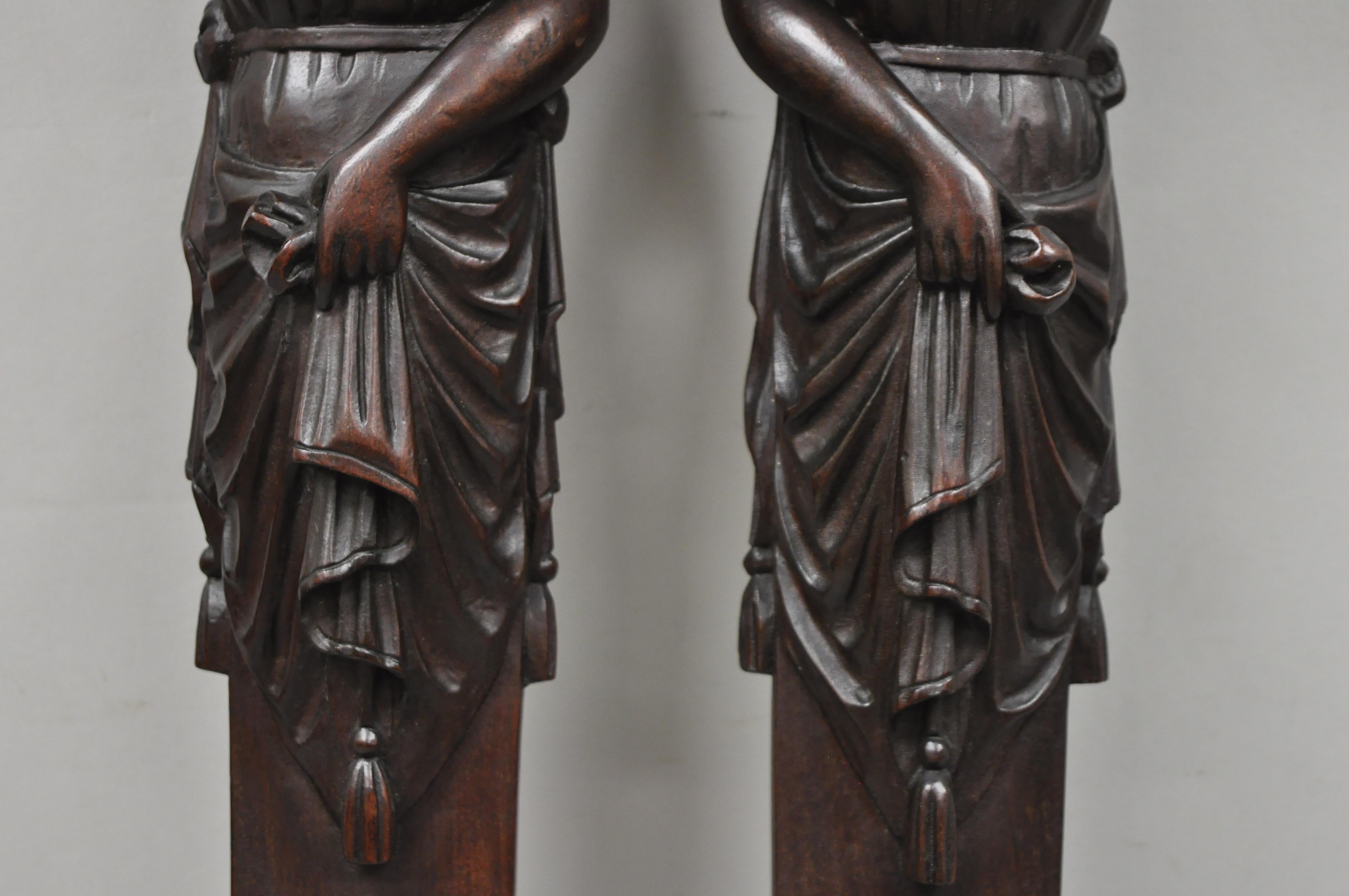 20th Century Pair of Victorian Hand Carved Mahogany Figural Maiden Architecture Elements