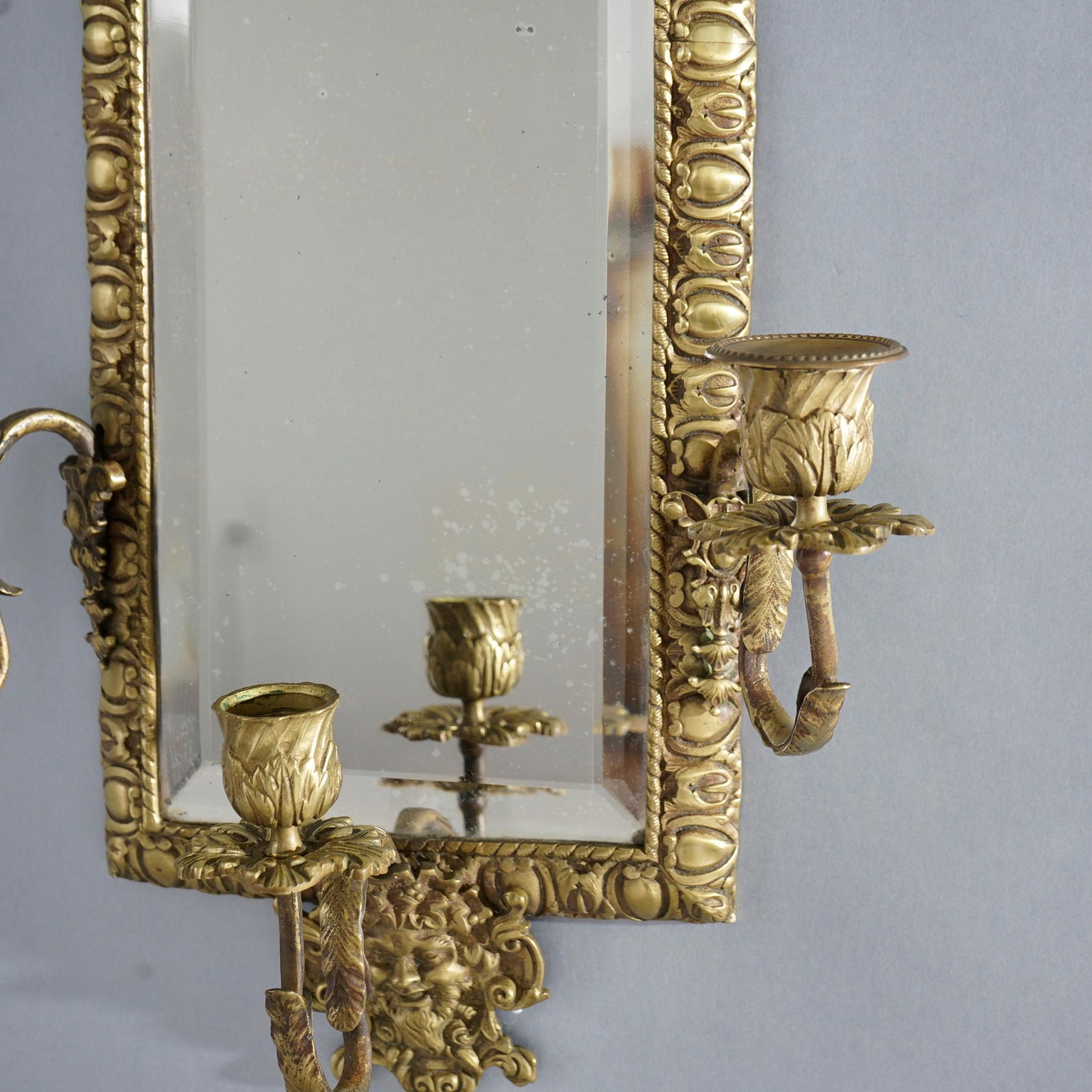 Pair Antique Victorian Mirrored Figural Gilt Metal Wall Sconces with Masks 19thC 2