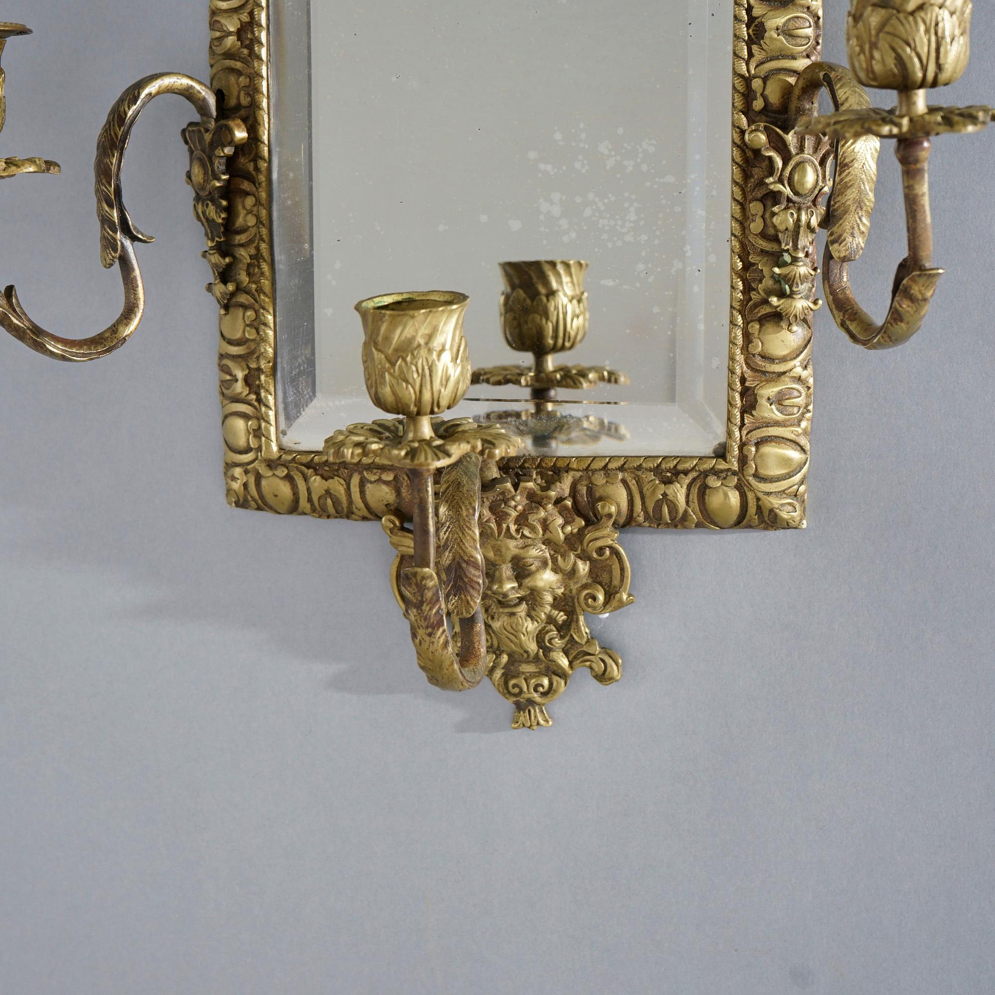 Pair Antique Victorian Mirrored Figural Gilt Metal Wall Sconces with Masks 19thC 3