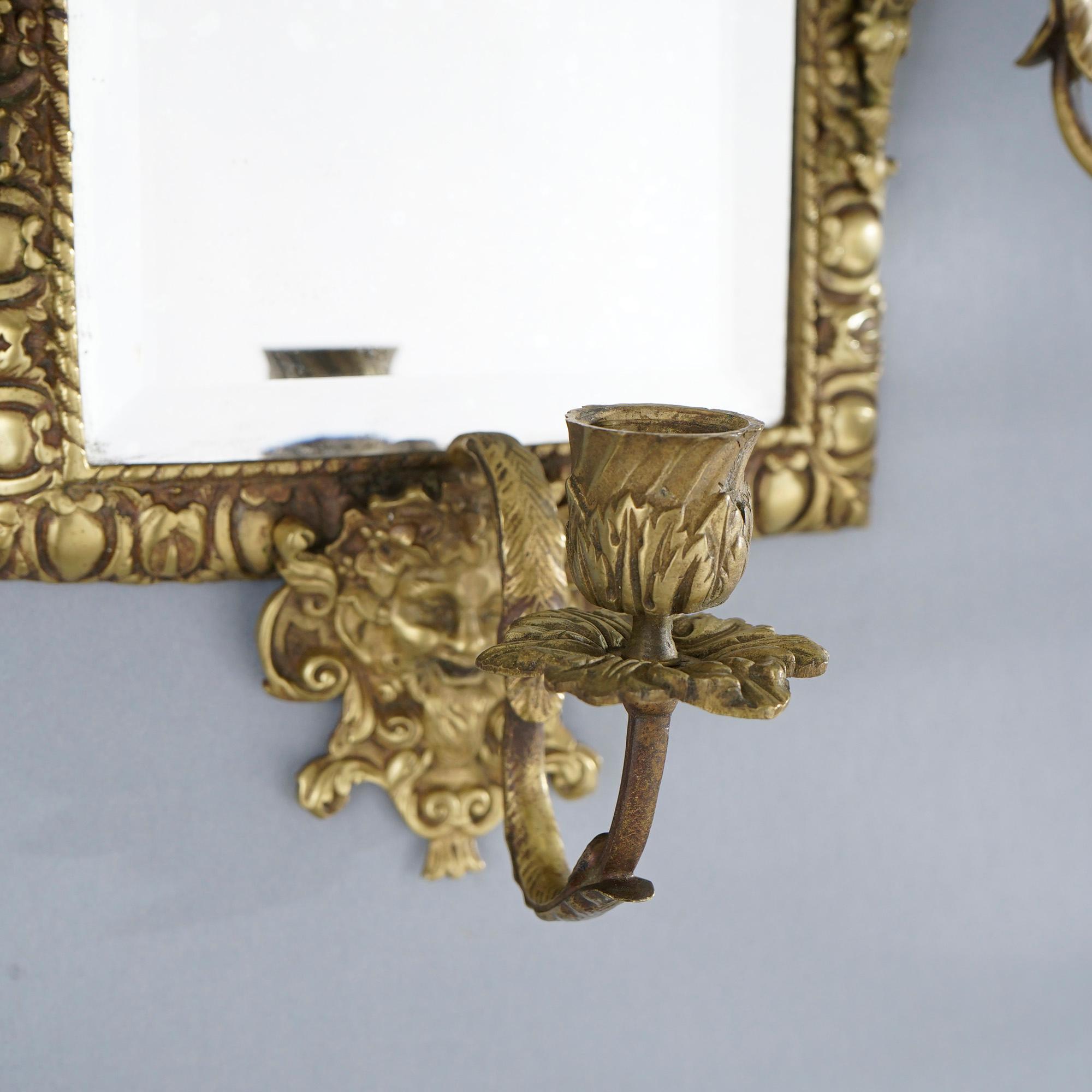 Pair Antique Victorian Mirrored Figural Gilt Metal Wall Sconces with Masks 19thC 4