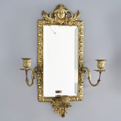 Pair Antique Victorian Mirrored Figural Gilt Metal Wall Sconces with Masks 19thC