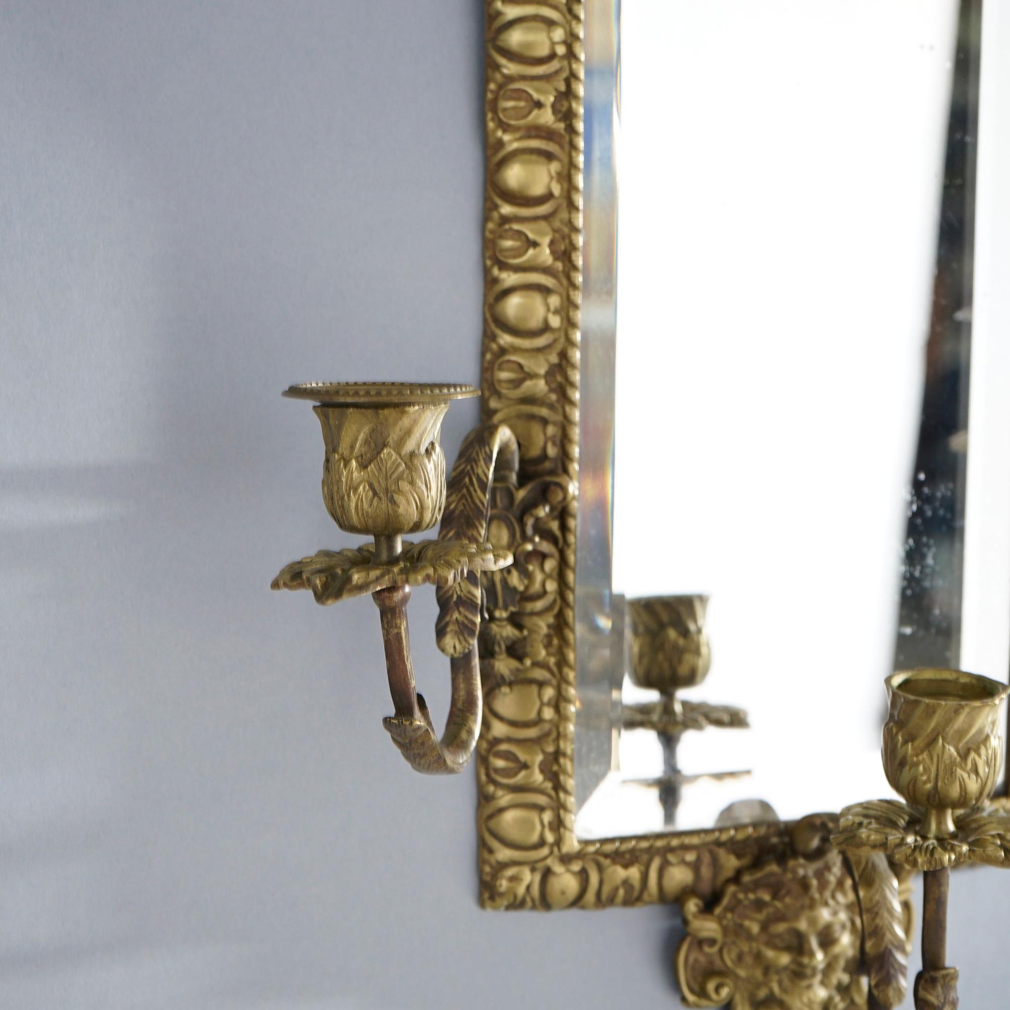 Pair Antique Victorian Mirrored Figural Gilt Metal Wall Sconces with Masks 19thC In Good Condition In Big Flats, NY