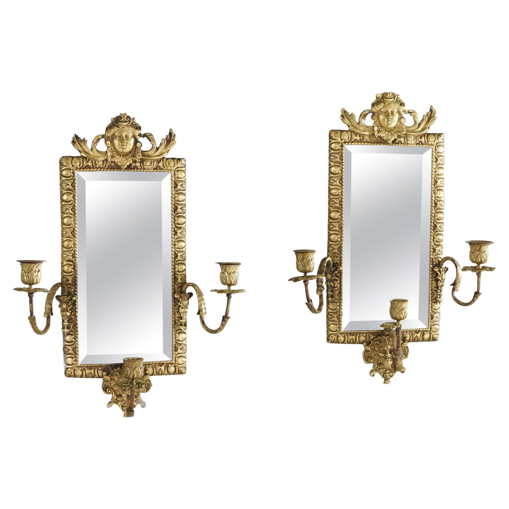 Pair Antique Victorian Mirrored Figural Gilt Metal Wall Sconces with Masks 19thC