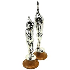 Pair of Antique Victorian Silver Classical Nudes Figures Statues on Pinths, 1867