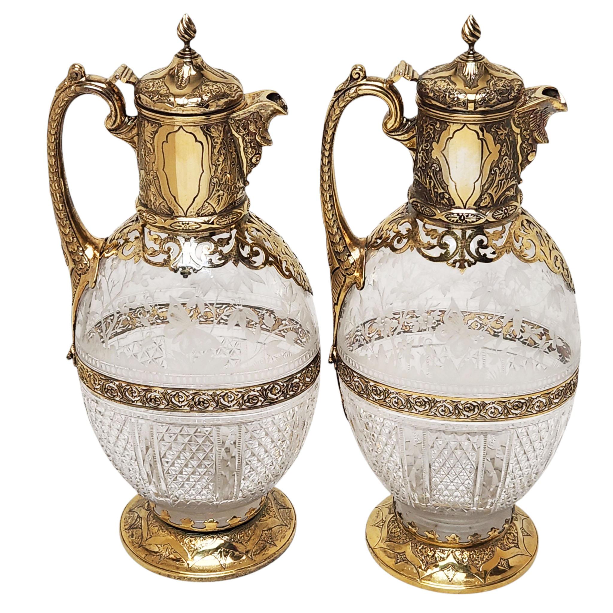 Pair Antique Victorian Silver Gilt & Cut Glass Claret Jugs Wine