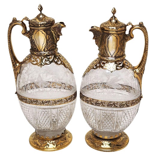 Pair Antique Victorian Silver Gilt & Cut Glass Claret Jugs Wine Decanters 1881/3
