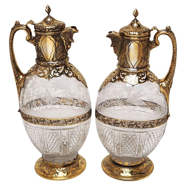 Pair Antique Victorian Silver Gilt & Cut Glass Claret Jugs Wine Decanters 1881/3