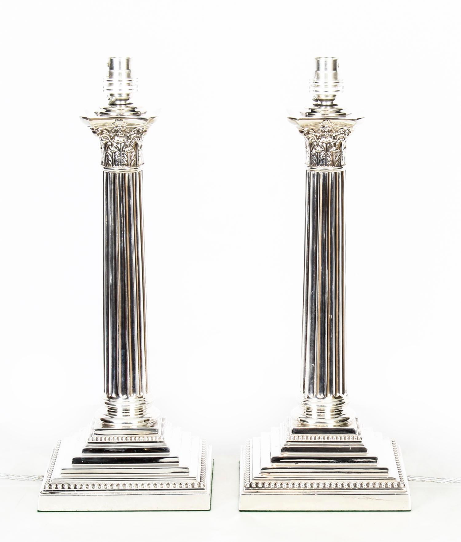 Pair of Victorian Silver Plated Corinthian Column Table Lamps, 19th Century 5