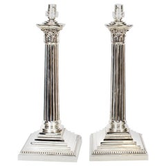 Antique Pair of Victorian Silver Plated Corinthian Column Table Lamps, 19th Century