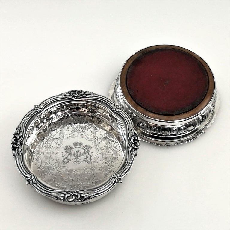 Pair of Antique Victorian Silver Wine Bottle Coasters, 1839 For Sale at