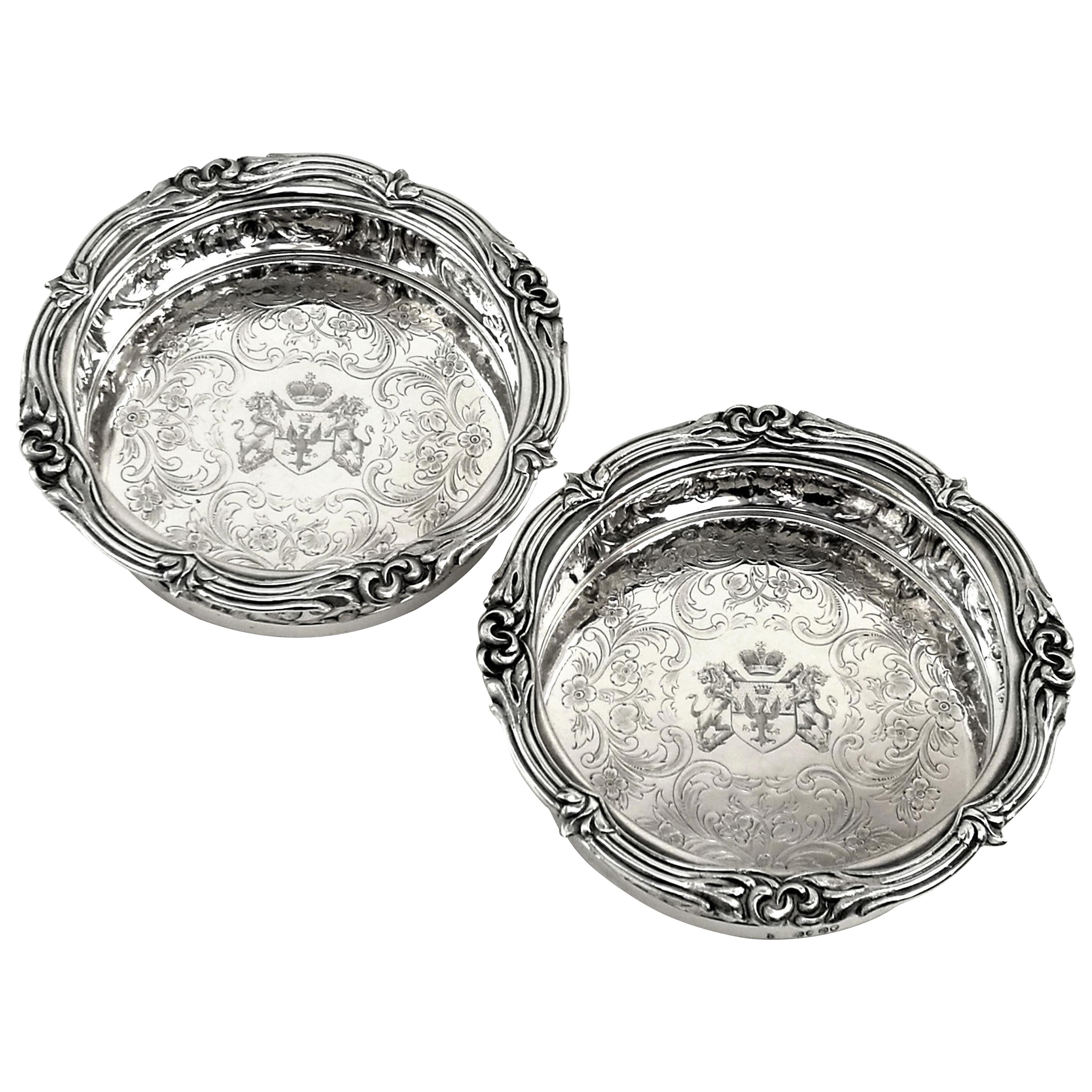 Pair of Antique Victorian Sterling Silver Wine Bottle Coasters 1839 For Sale