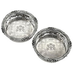 Paire d'anciens sous-verres à bouteilles de vin victoriens en argent sterling 1839