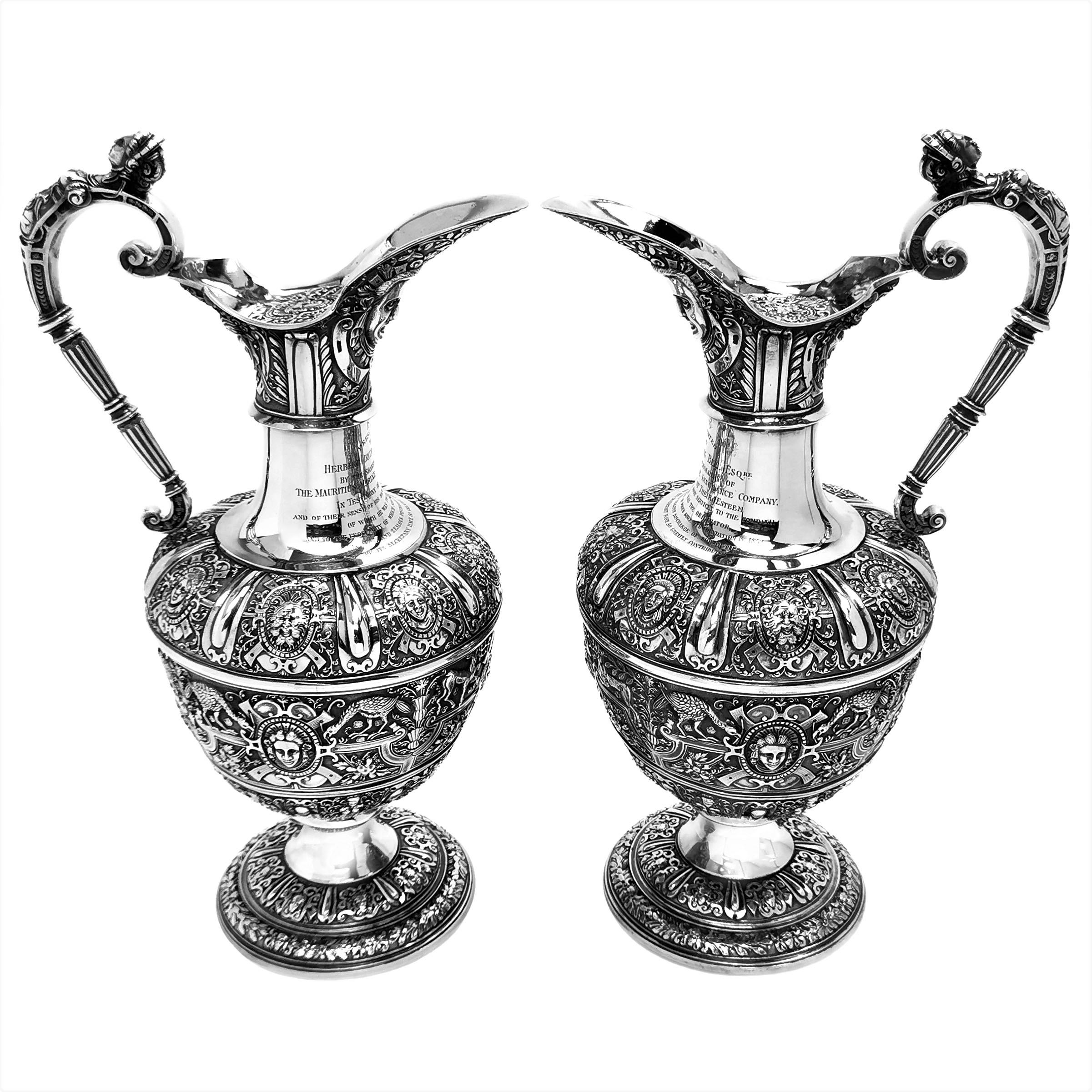 English Pair Antique Victorian Sterling Silver Cellini Jugs / Claret Wine Decanters 1863