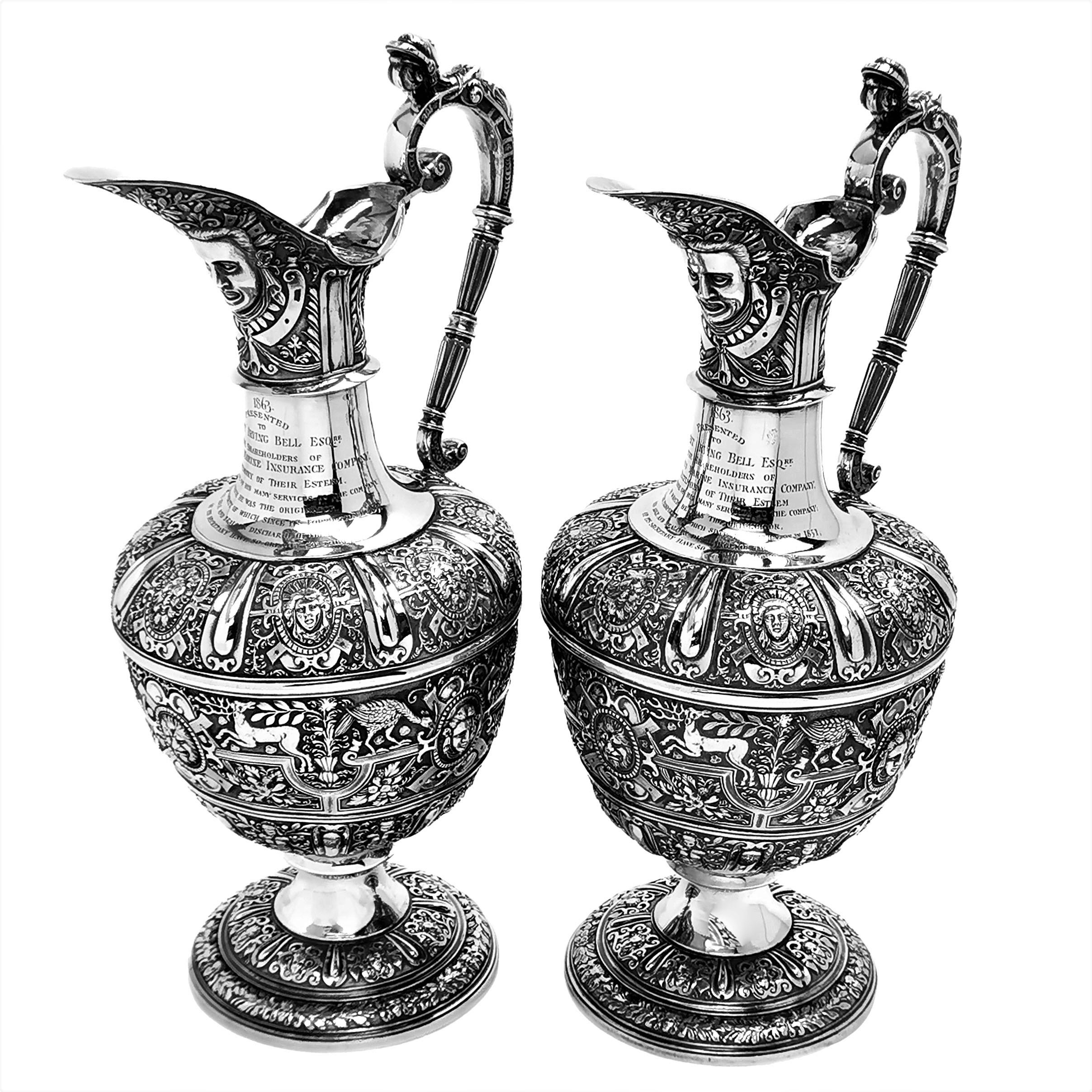 Pair Antique Victorian Sterling Silver Cellini Jugs / Claret Wine Decanters 1863 In Good Condition In London, GB