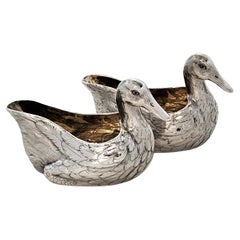 Pair Antique Victorian Sterling Silver 'Duck' Cream Jug / Boat London 1866 / 69