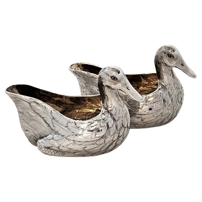 Pair Antique Victorian Sterling Silver ''Duck'' Cream Jug / Boat London 1866 / 69